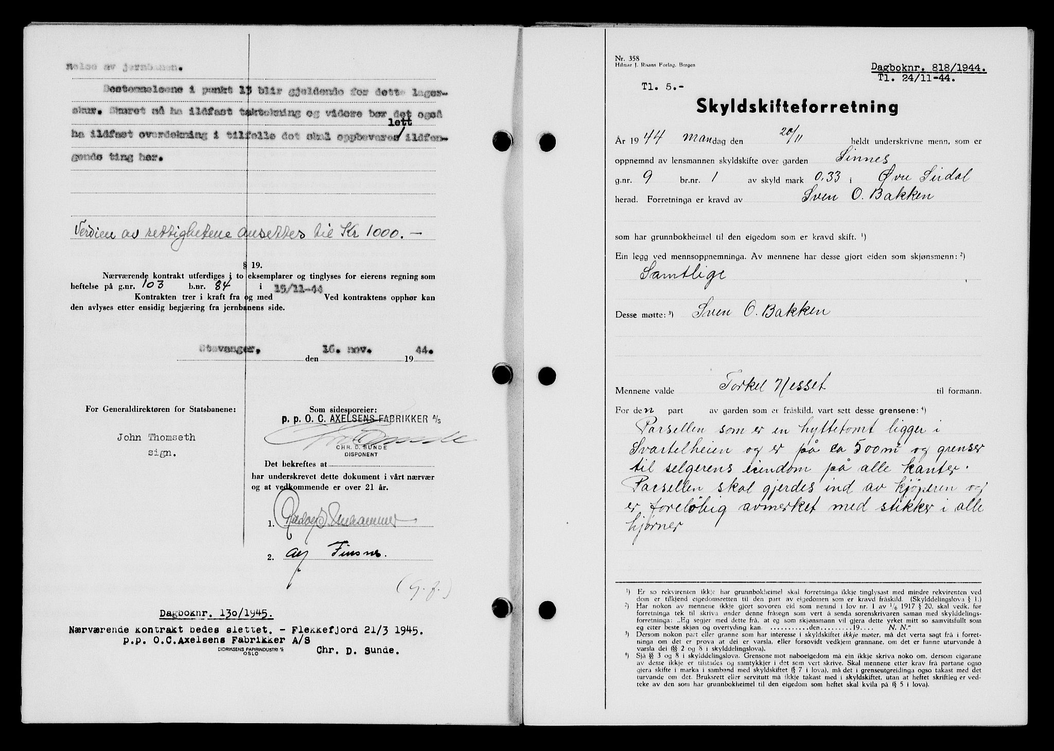 Flekkefjord sorenskriveri, SAK/1221-0001/G/Gb/Gba/L0059: Mortgage book no. A-7, 1944-1945, Diary no: : 818/1944