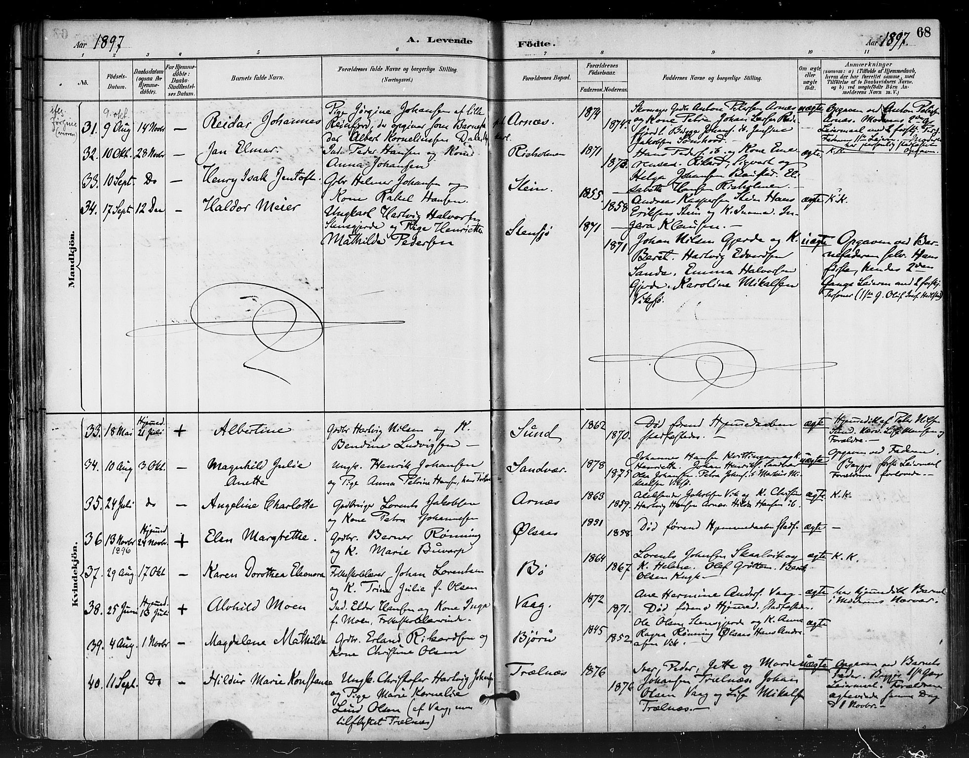 Ministerialprotokoller, klokkerbøker og fødselsregistre - Nordland, SAT/A-1459/812/L0178: Parish register (official) no. 812A07, 1886-1900, p. 68