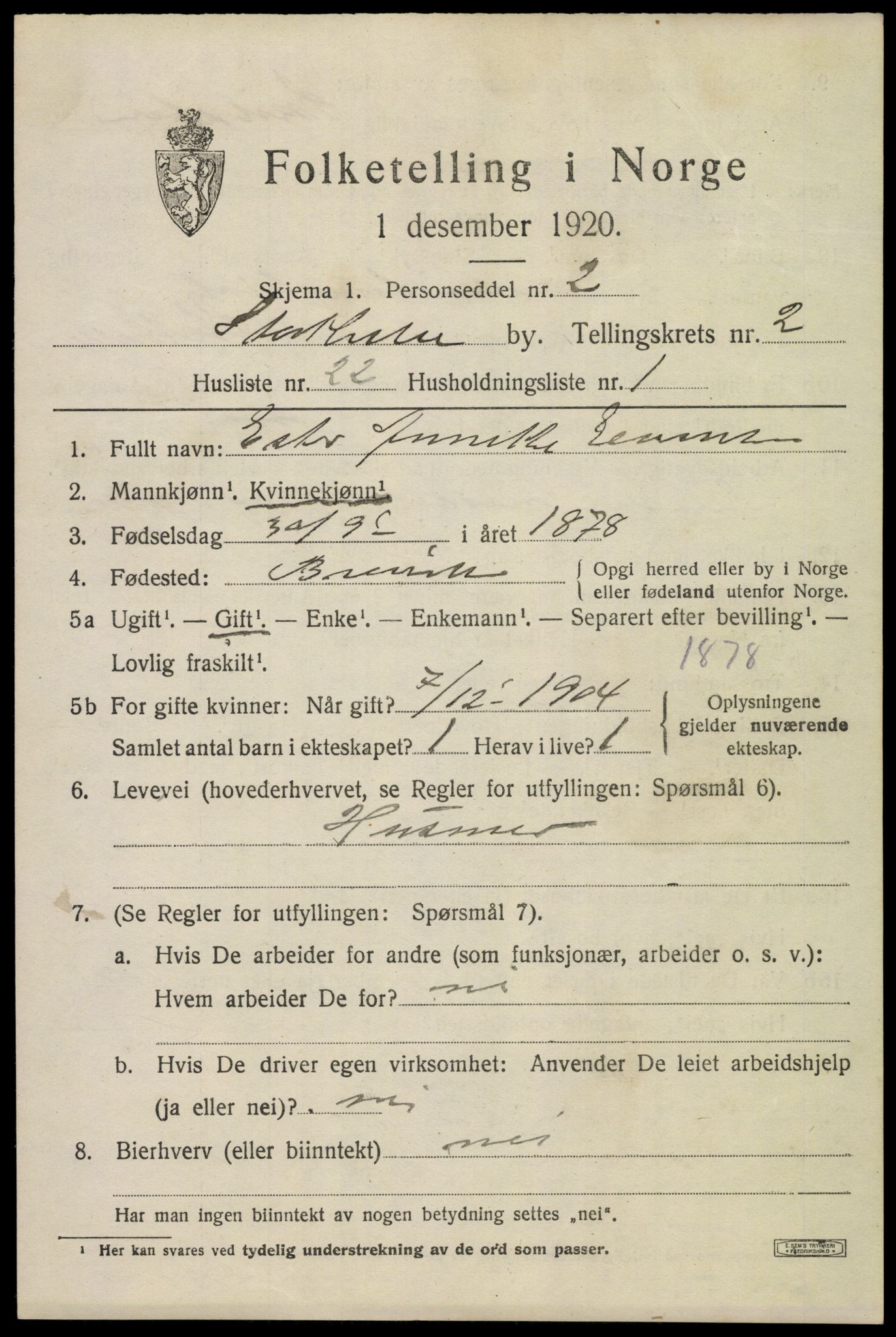 SAKO, 1920 census for Stathelle, 1920, p. 1291