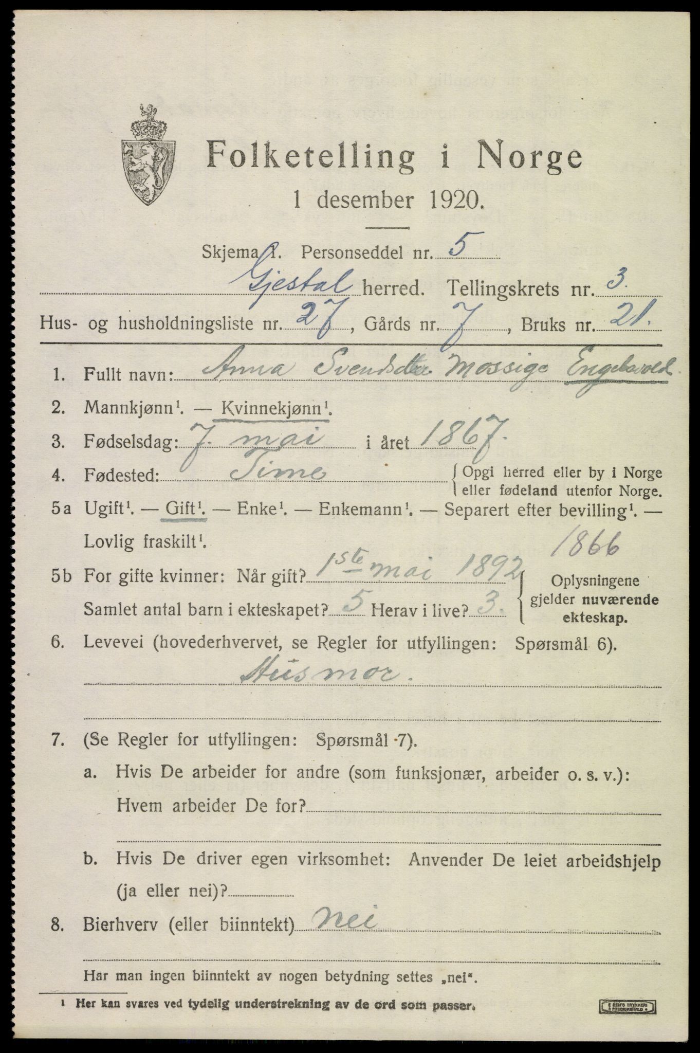 SAST, 1920 census for Gjesdal, 1920, p. 2526