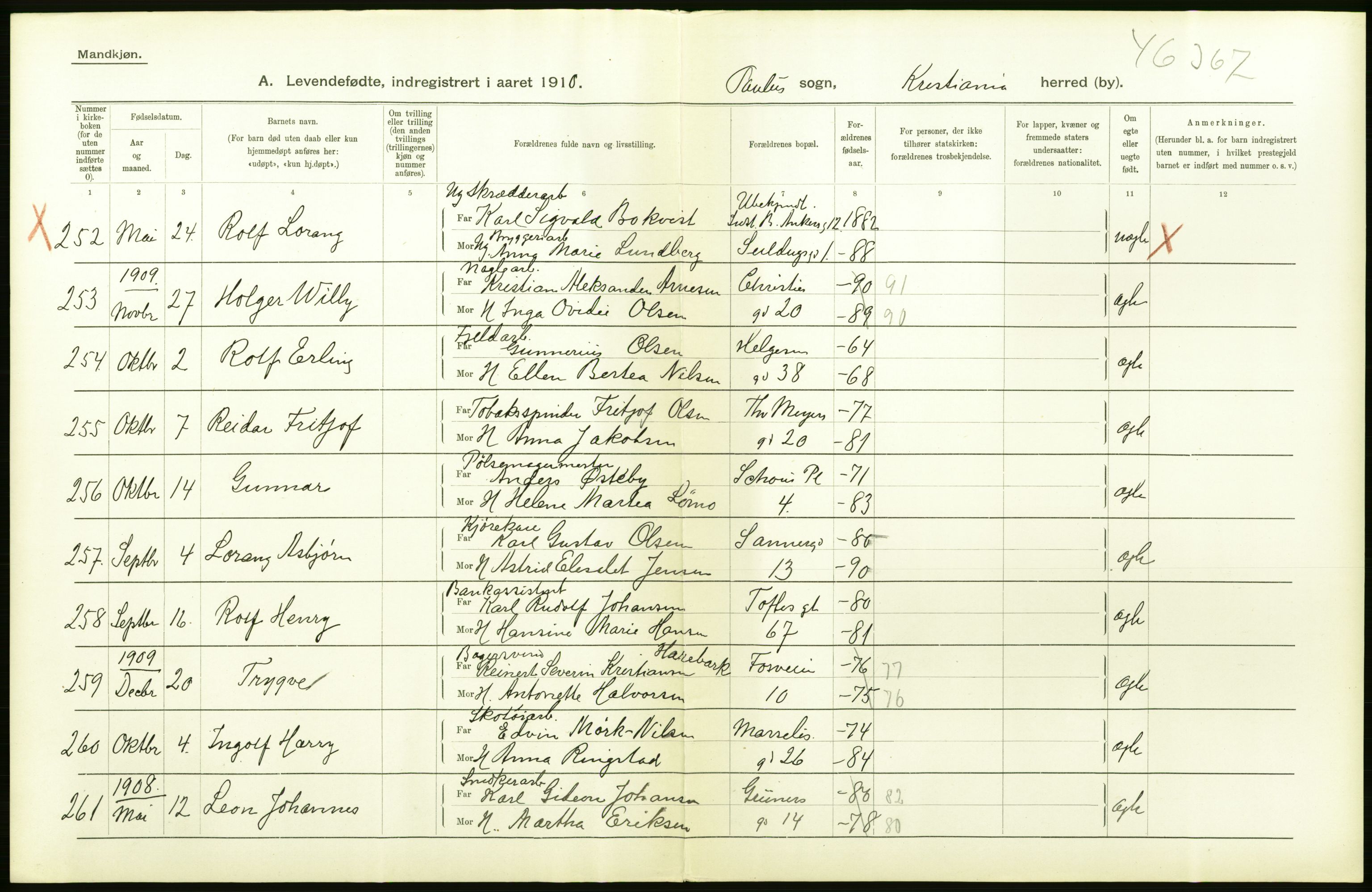 Statistisk sentralbyrå, Sosiodemografiske emner, Befolkning, AV/RA-S-2228/D/Df/Dfa/Dfah/L0006: Kristiania: Levendefødte menn., 1910, p. 248