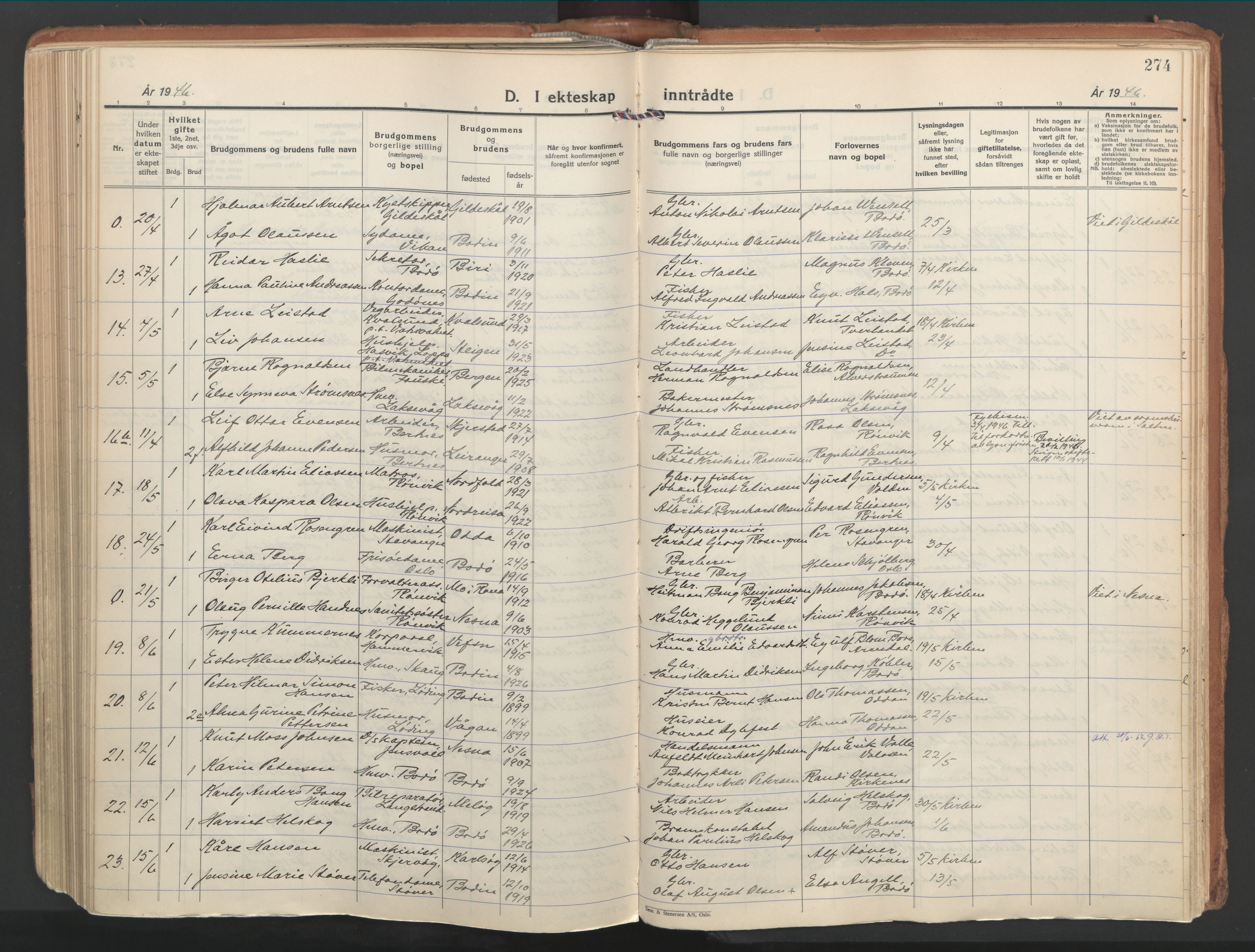 Ministerialprotokoller, klokkerbøker og fødselsregistre - Nordland, AV/SAT-A-1459/802/L0061: Parish register (official) no. 802A08, 1933-1946, p. 274