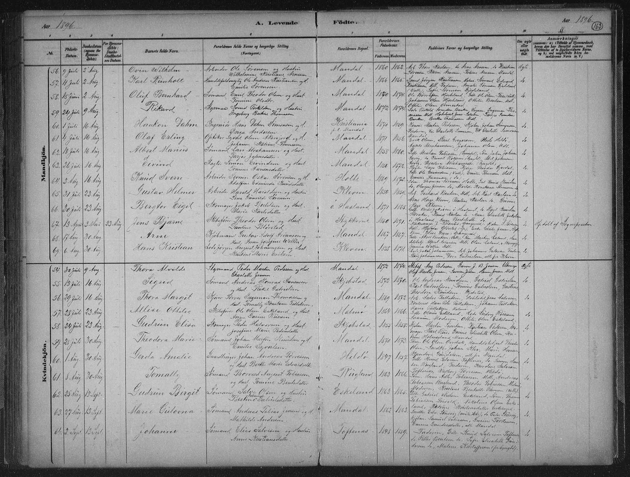 Mandal sokneprestkontor, AV/SAK-1111-0030/F/Fb/Fba/L0011: Parish register (copy) no. B 5, 1880-1898, p. 163