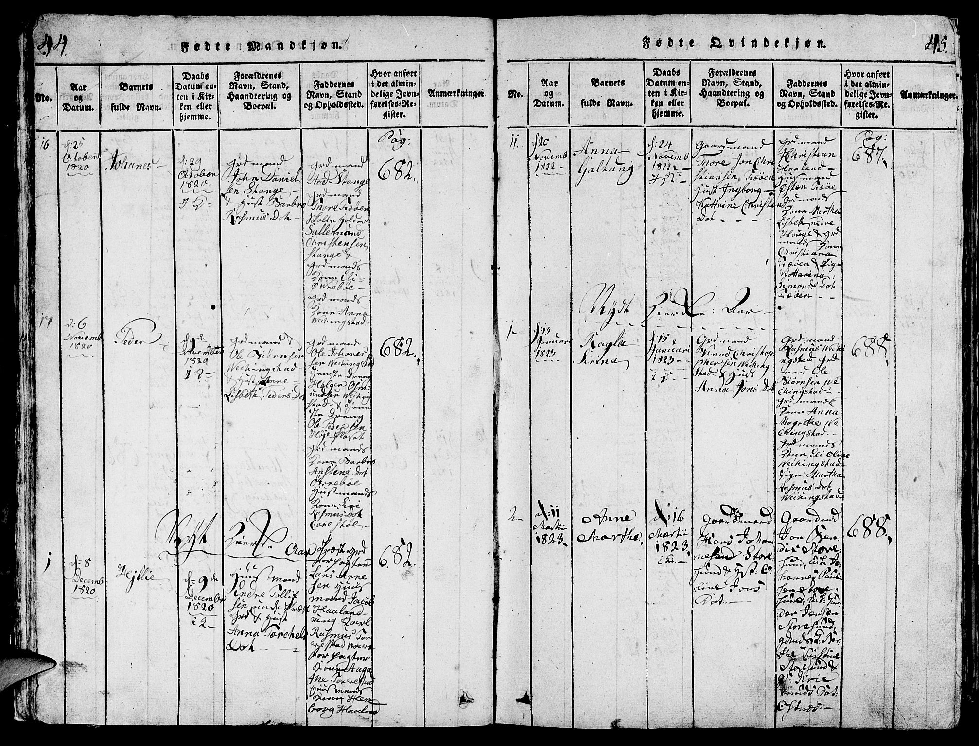 Torvastad sokneprestkontor, AV/SAST-A -101857/H/Ha/Hab/L0001: Parish register (copy) no. B 1 /1, 1817-1835, p. 44-45