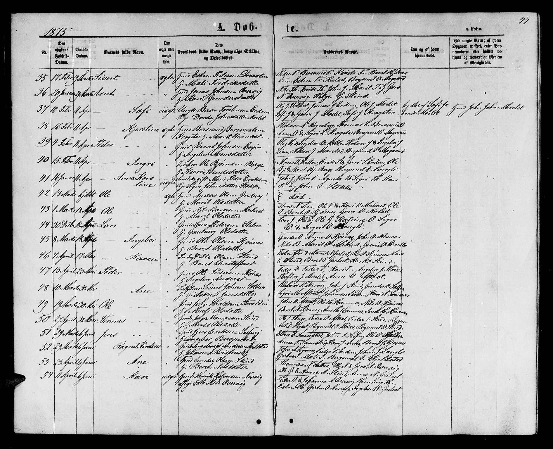 Ministerialprotokoller, klokkerbøker og fødselsregistre - Sør-Trøndelag, AV/SAT-A-1456/695/L1156: Parish register (copy) no. 695C07, 1869-1888, p. 44