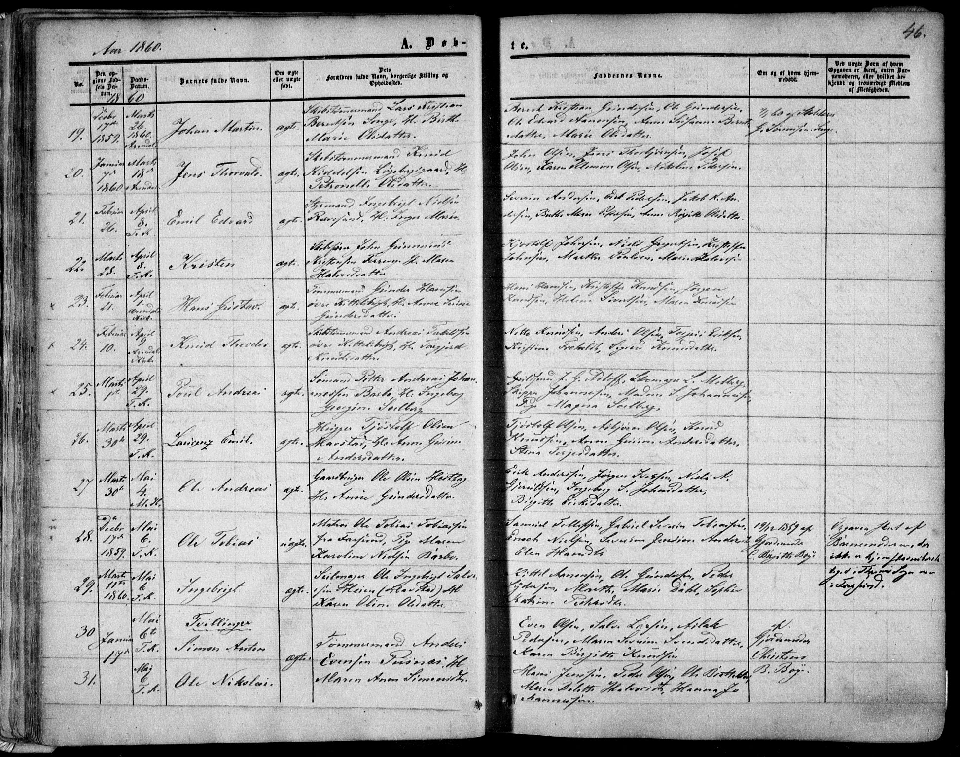 Tromøy sokneprestkontor, AV/SAK-1111-0041/F/Fa/L0006: Parish register (official) no. A 6, 1855-1863, p. 46