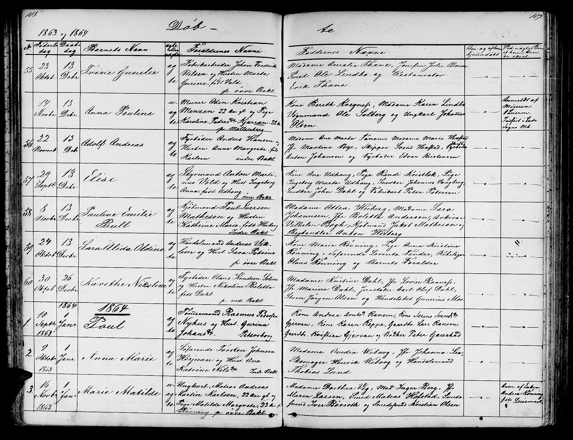 Ministerialprotokoller, klokkerbøker og fødselsregistre - Sør-Trøndelag, SAT/A-1456/604/L0219: Parish register (copy) no. 604C02, 1851-1869, p. 108-109