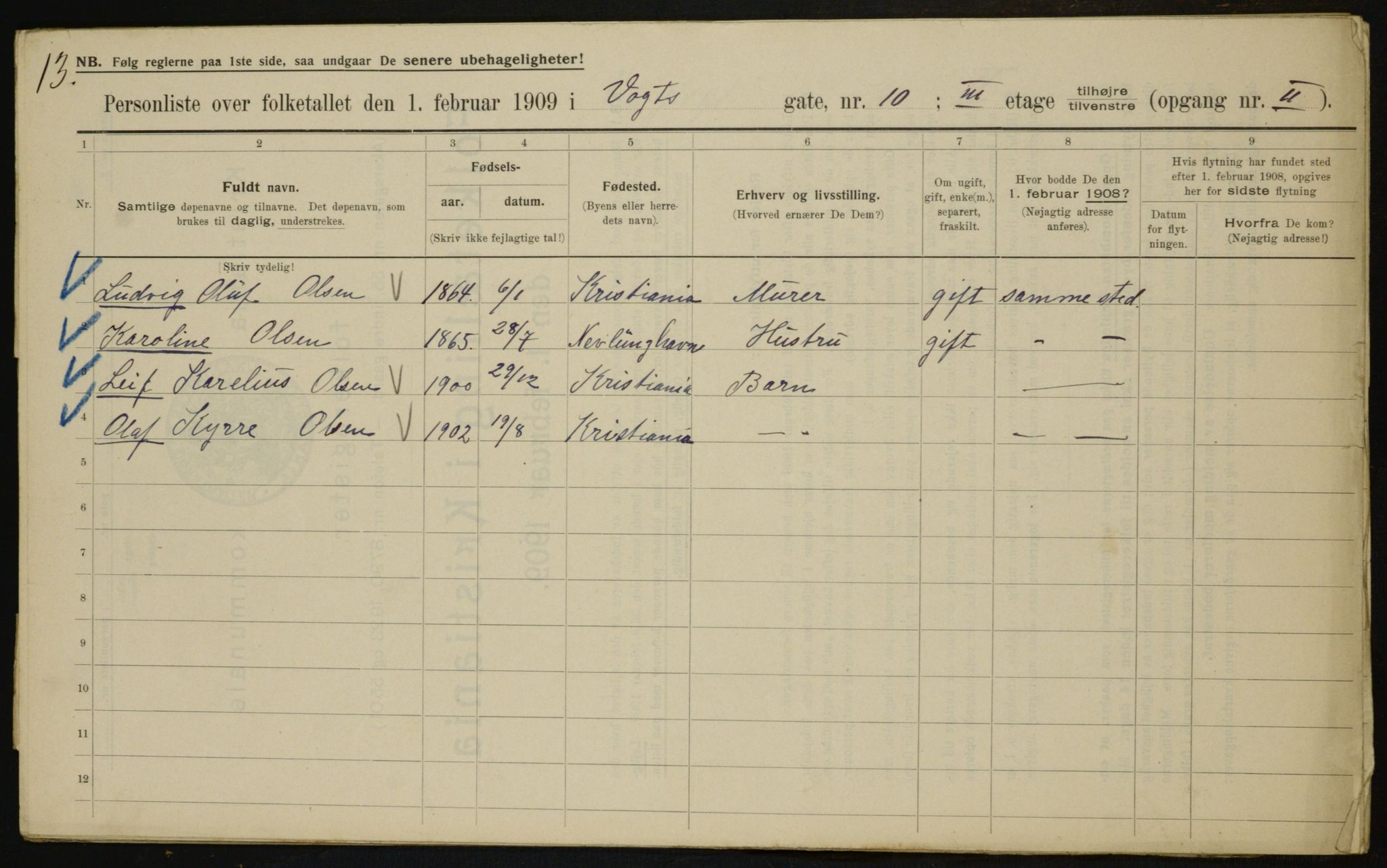 OBA, Municipal Census 1909 for Kristiania, 1909, p. 112761