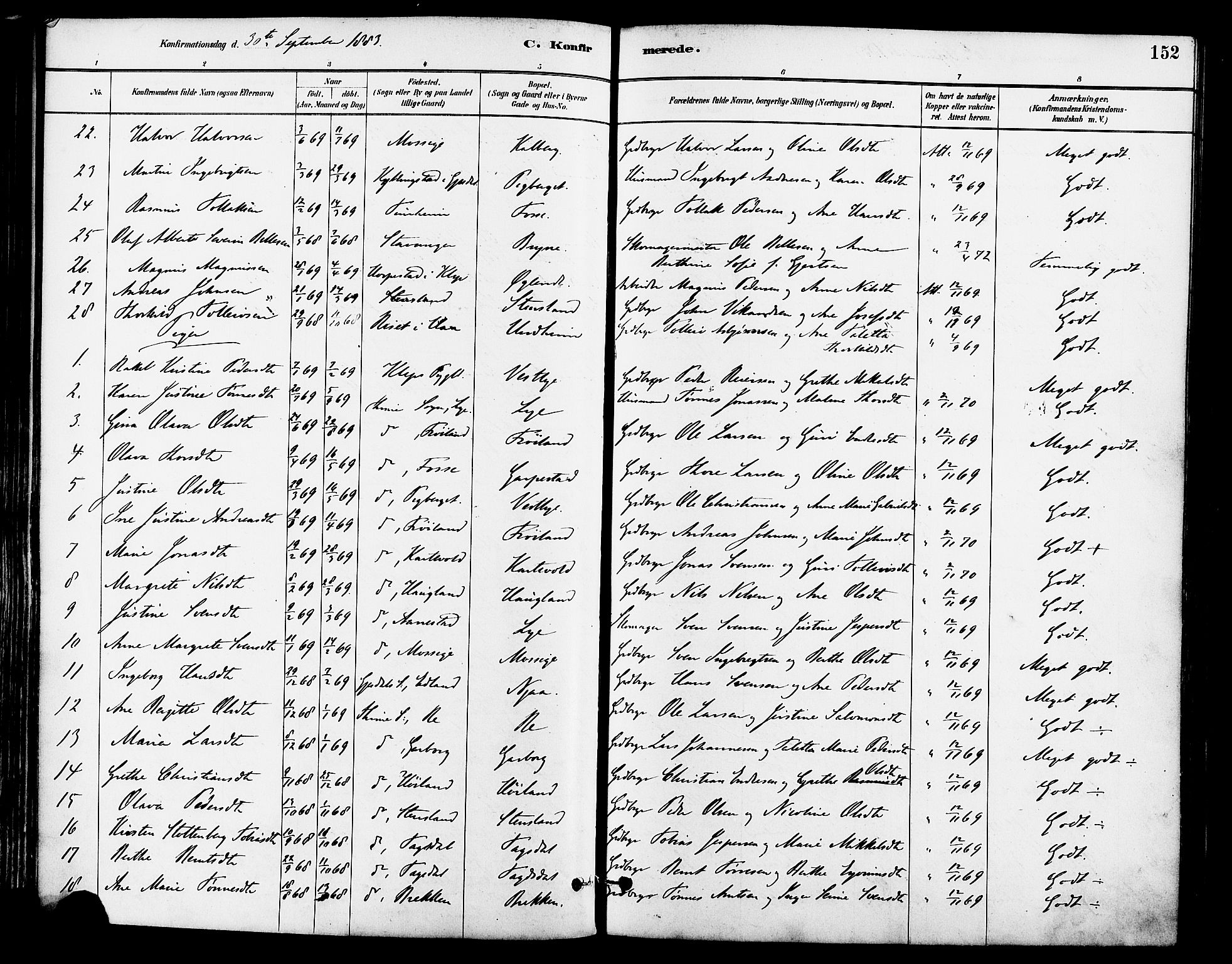 Lye sokneprestkontor, AV/SAST-A-101794/001/30BA/L0009: Parish register (official) no. A 8, 1881-1892, p. 152