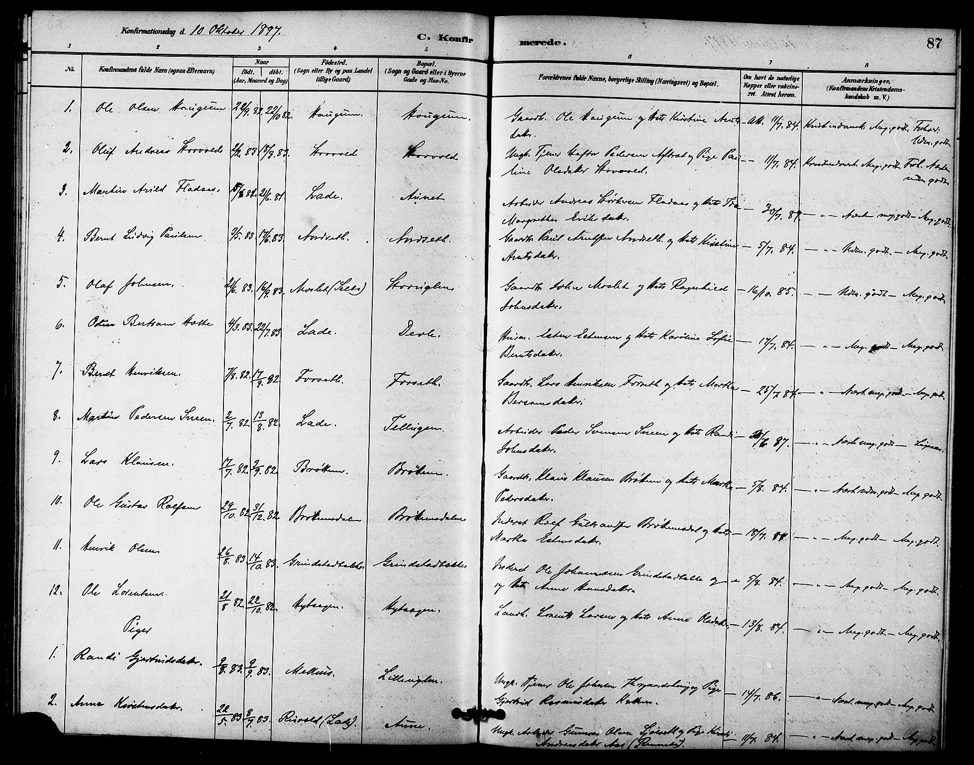 Ministerialprotokoller, klokkerbøker og fødselsregistre - Sør-Trøndelag, AV/SAT-A-1456/618/L0444: Parish register (official) no. 618A07, 1880-1898, p. 87