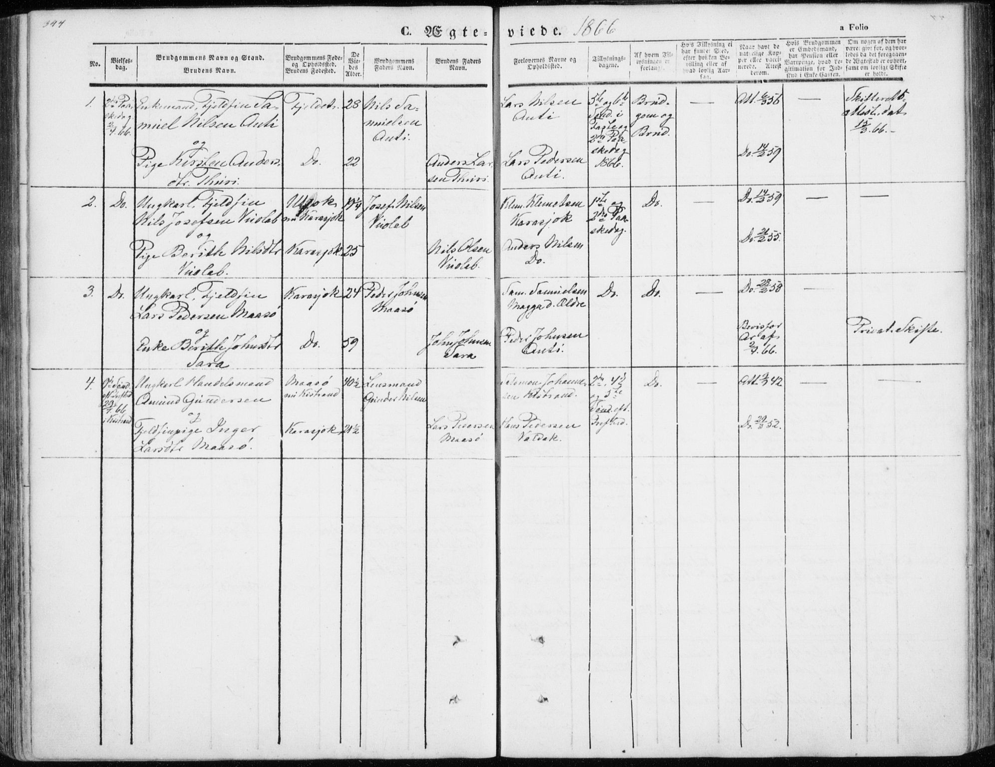 Kistrand/Porsanger sokneprestembete, AV/SATØ-S-1351/H/Ha/L0012.kirke: Parish register (official) no. 12, 1843-1871, p. 344-345