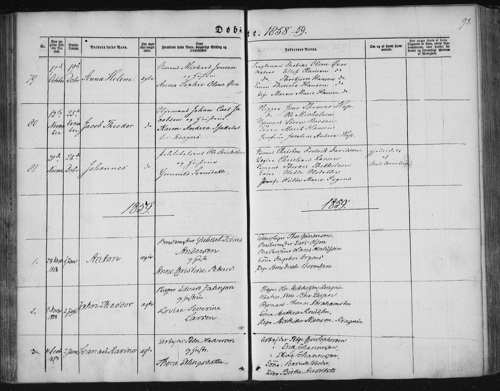 Kragerø kirkebøker, SAKO/A-278/F/Fa/L0006: Parish register (official) no. 6, 1847-1861, p. 93