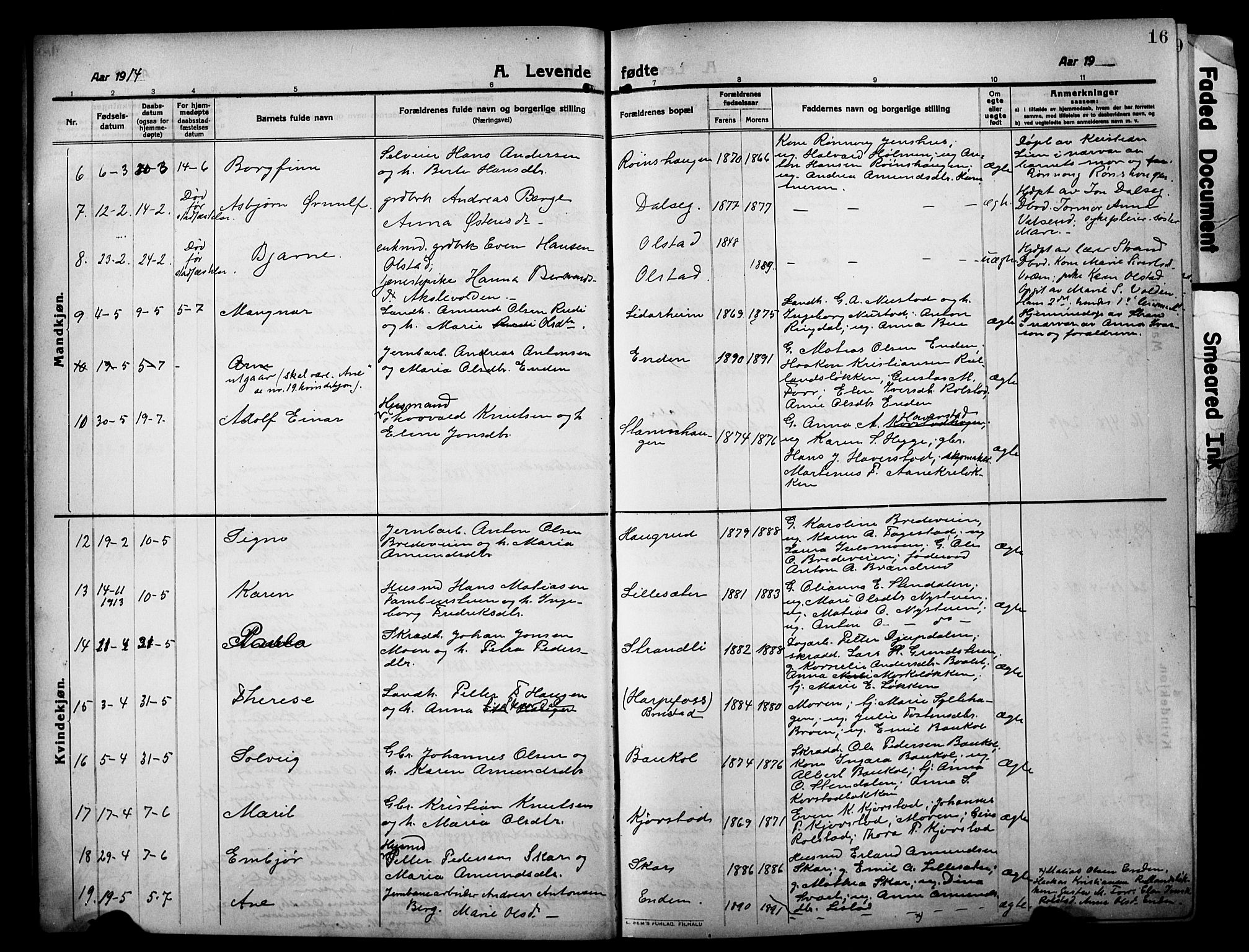 Sør-Fron prestekontor, AV/SAH-PREST-010/H/Ha/Hab/L0005: Parish register (copy) no. 5, 1912-1930, p. 16