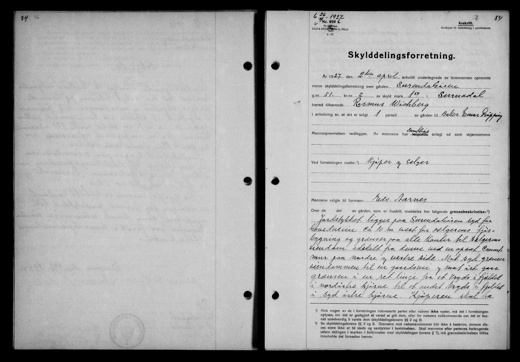 Nordmøre sorenskriveri, AV/SAT-A-4132/1/2/2Ca/L0062: Mortgage book no. 52, 1927-1927, Deed date: 26.04.1927