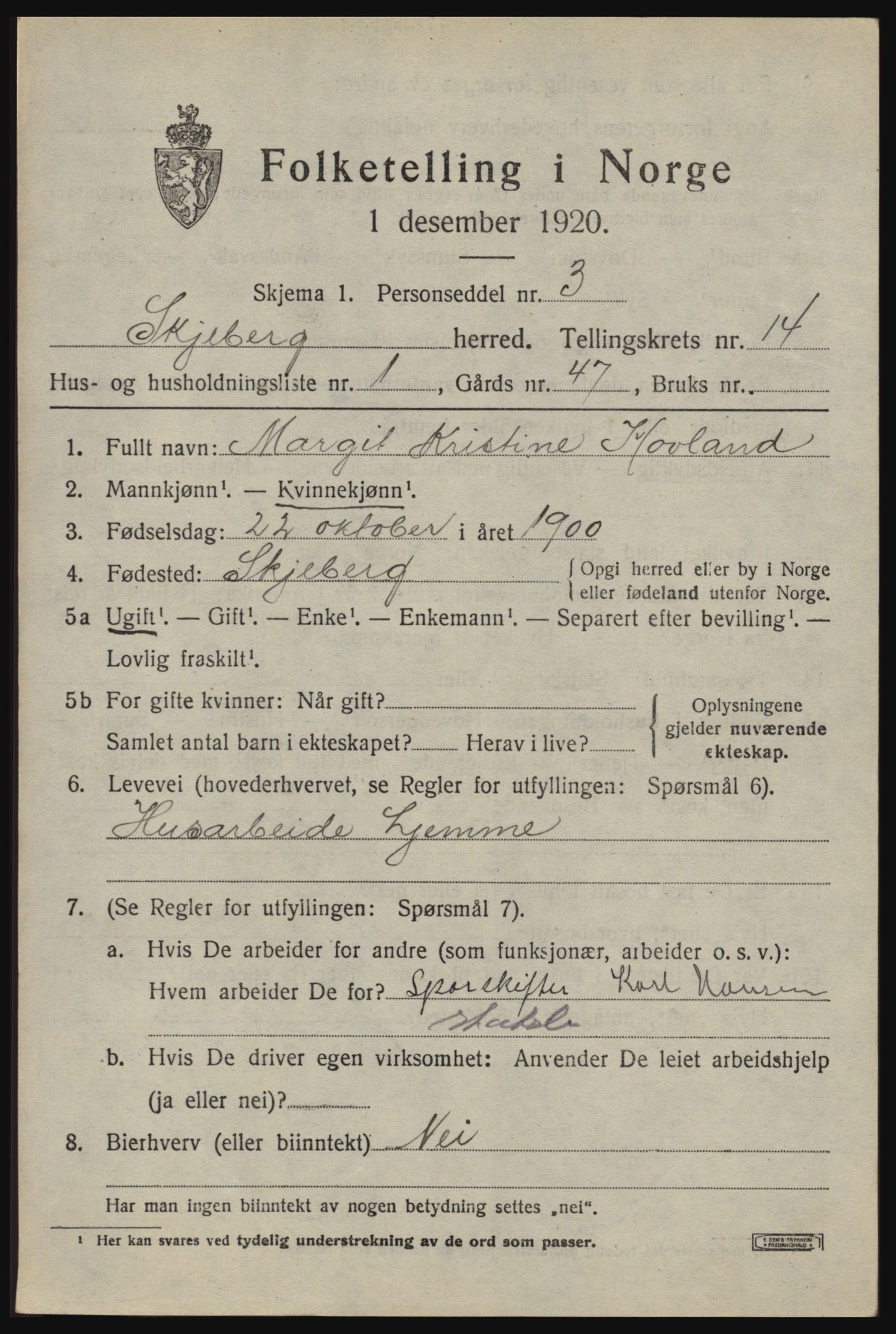 SAO, 1920 census for Skjeberg, 1920, p. 12985