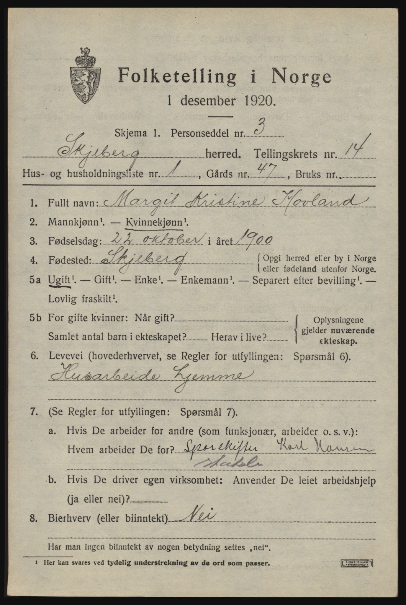 SAO, 1920 census for Skjeberg, 1920, p. 12985