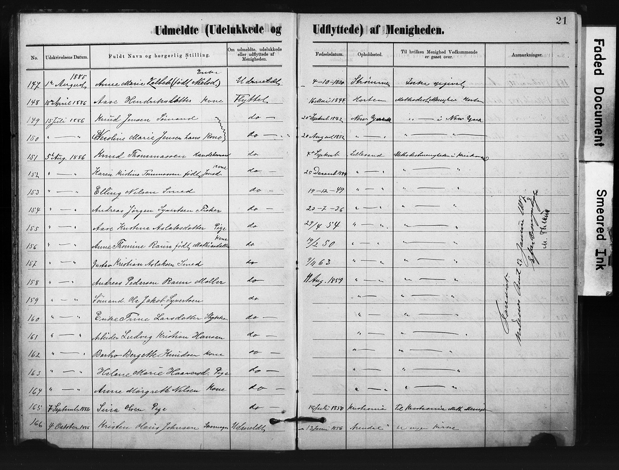 Metodistmenigheten, Arendal, SAK/1292-0011/F/Fa/L0004: Dissenter register no. F-4, 1883-1892, p. 21