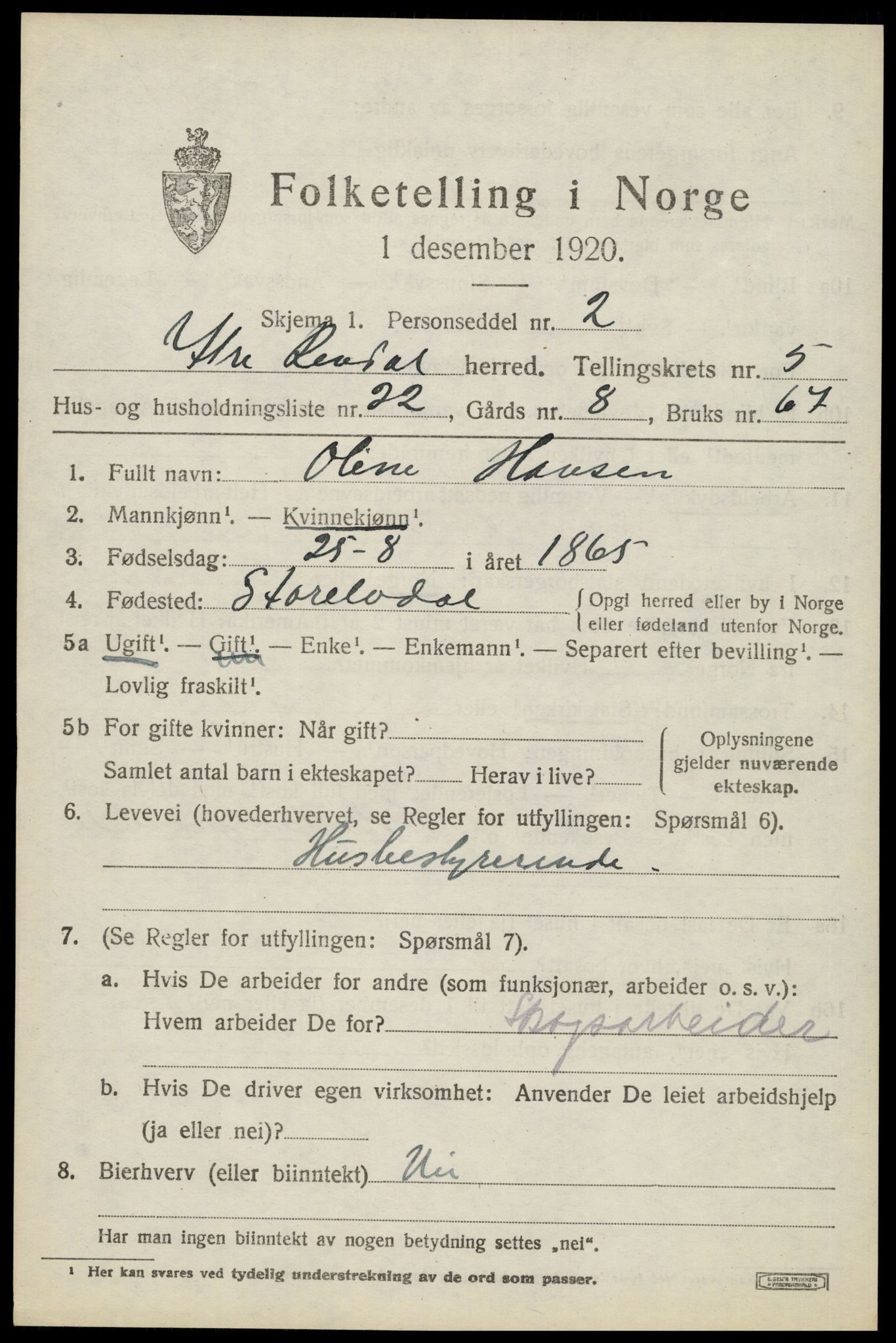 SAH, 1920 census for Ytre Rendal, 1920, p. 2893