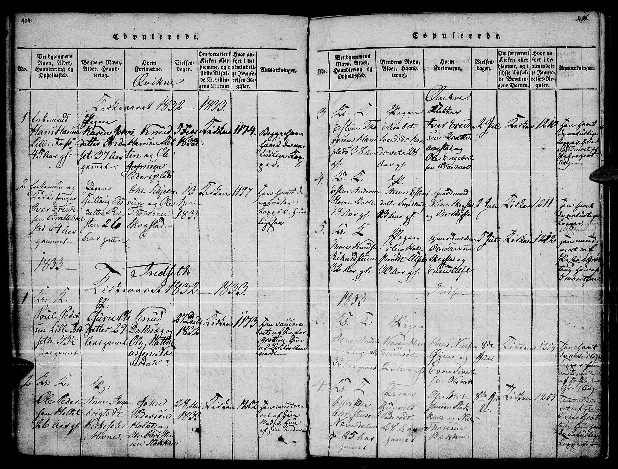 Kvikne prestekontor, SAH/PREST-064/H/Ha/Haa/L0004: Parish register (official) no. 4, 1815-1840, p. 404-405