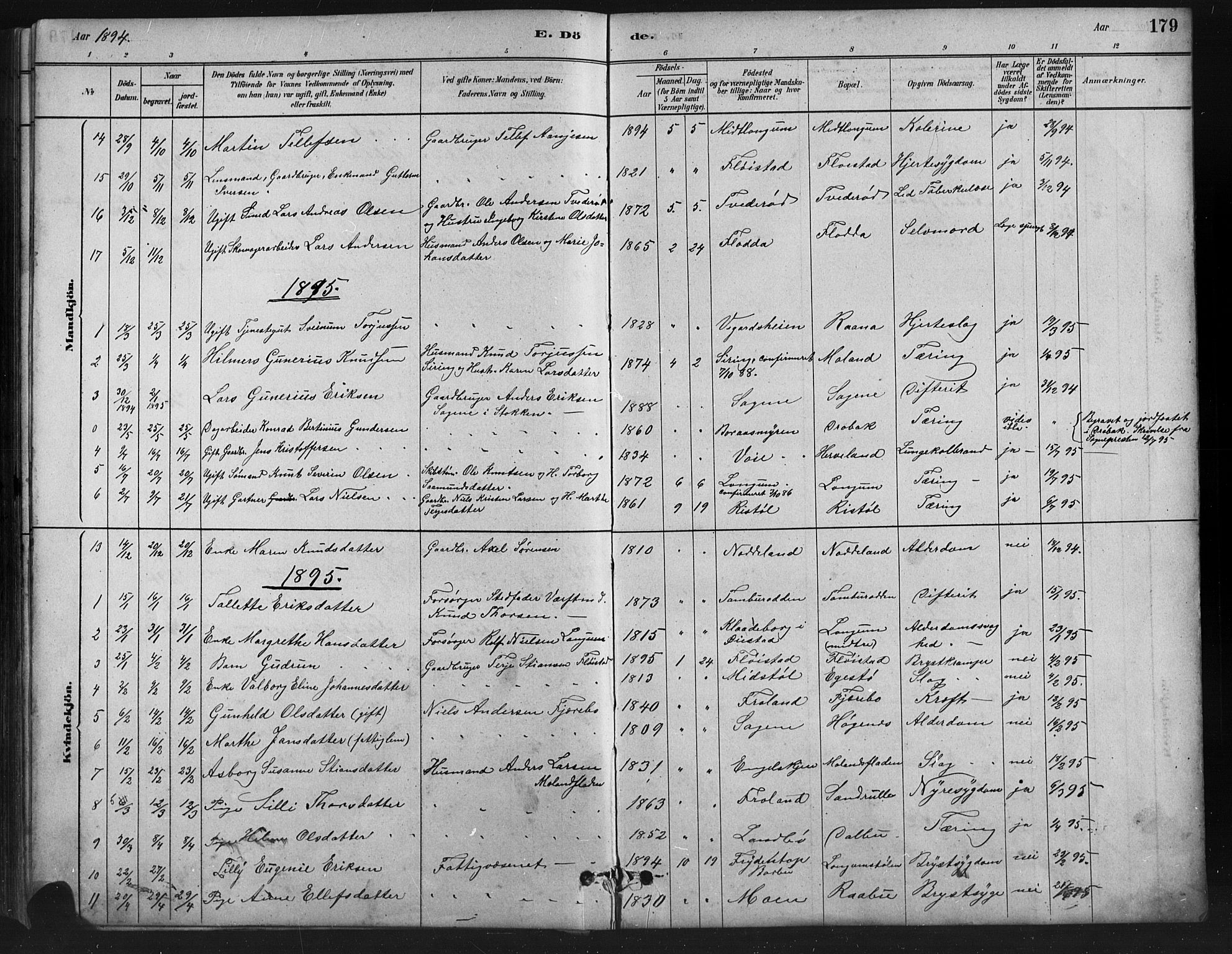 Austre Moland sokneprestkontor, AV/SAK-1111-0001/F/Fb/Fba/L0003: Parish register (copy) no. B 3, 1879-1914, p. 179