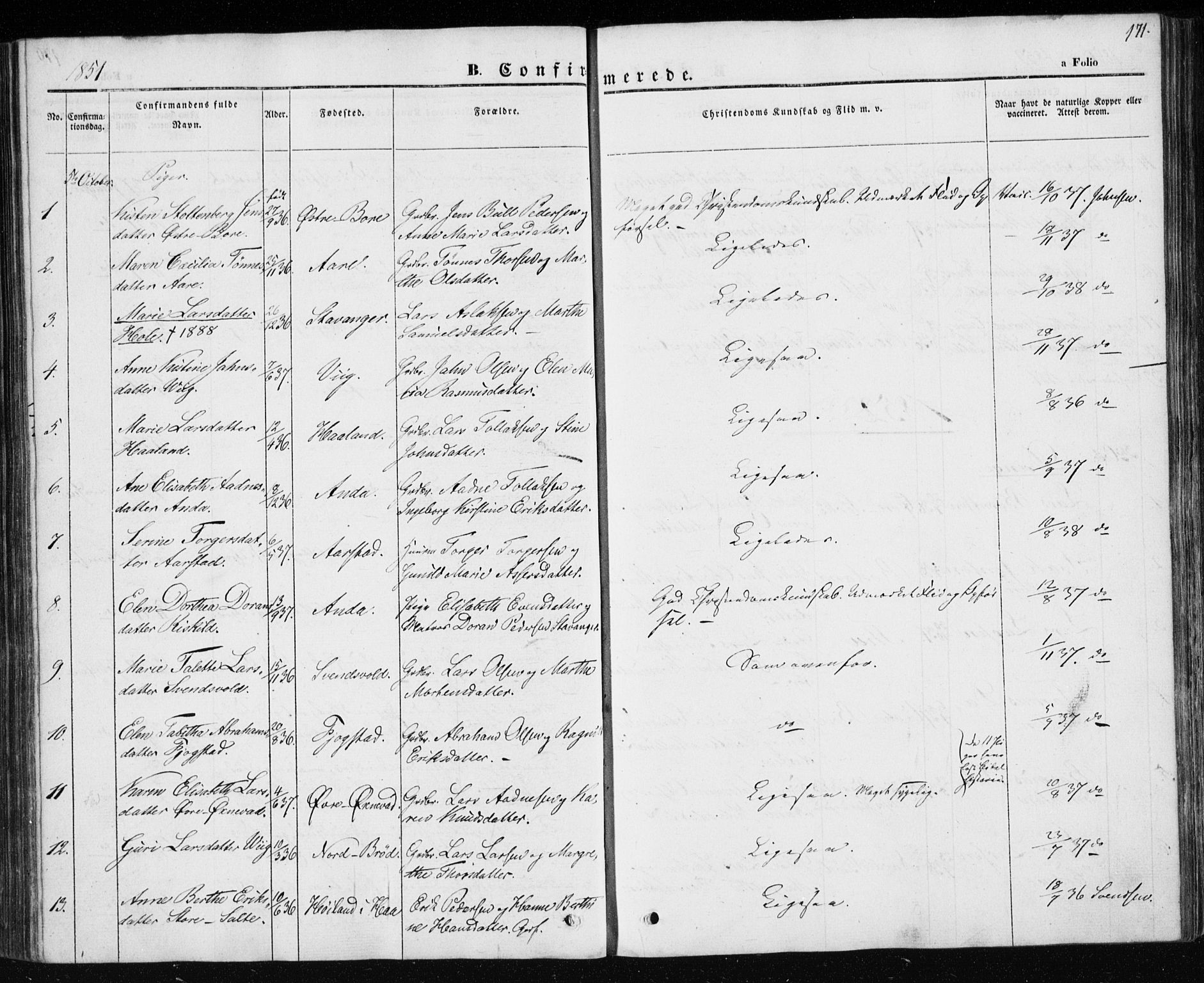 Klepp sokneprestkontor, AV/SAST-A-101803/001/3/30BA/L0004: Parish register (official) no. A 4, 1842-1852, p. 171