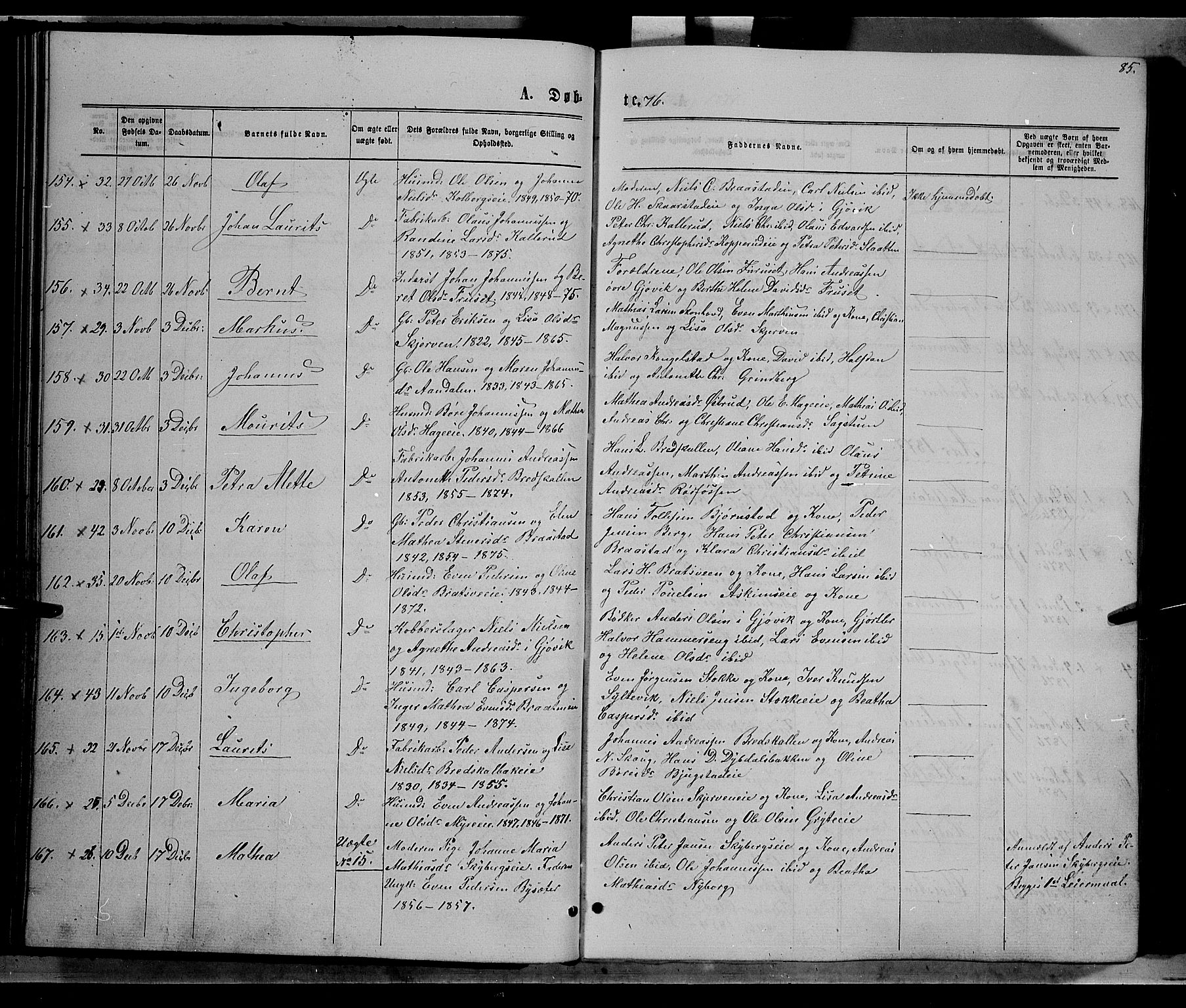Vardal prestekontor, SAH/PREST-100/H/Ha/Hab/L0006: Parish register (copy) no. 6, 1869-1881, p. 85