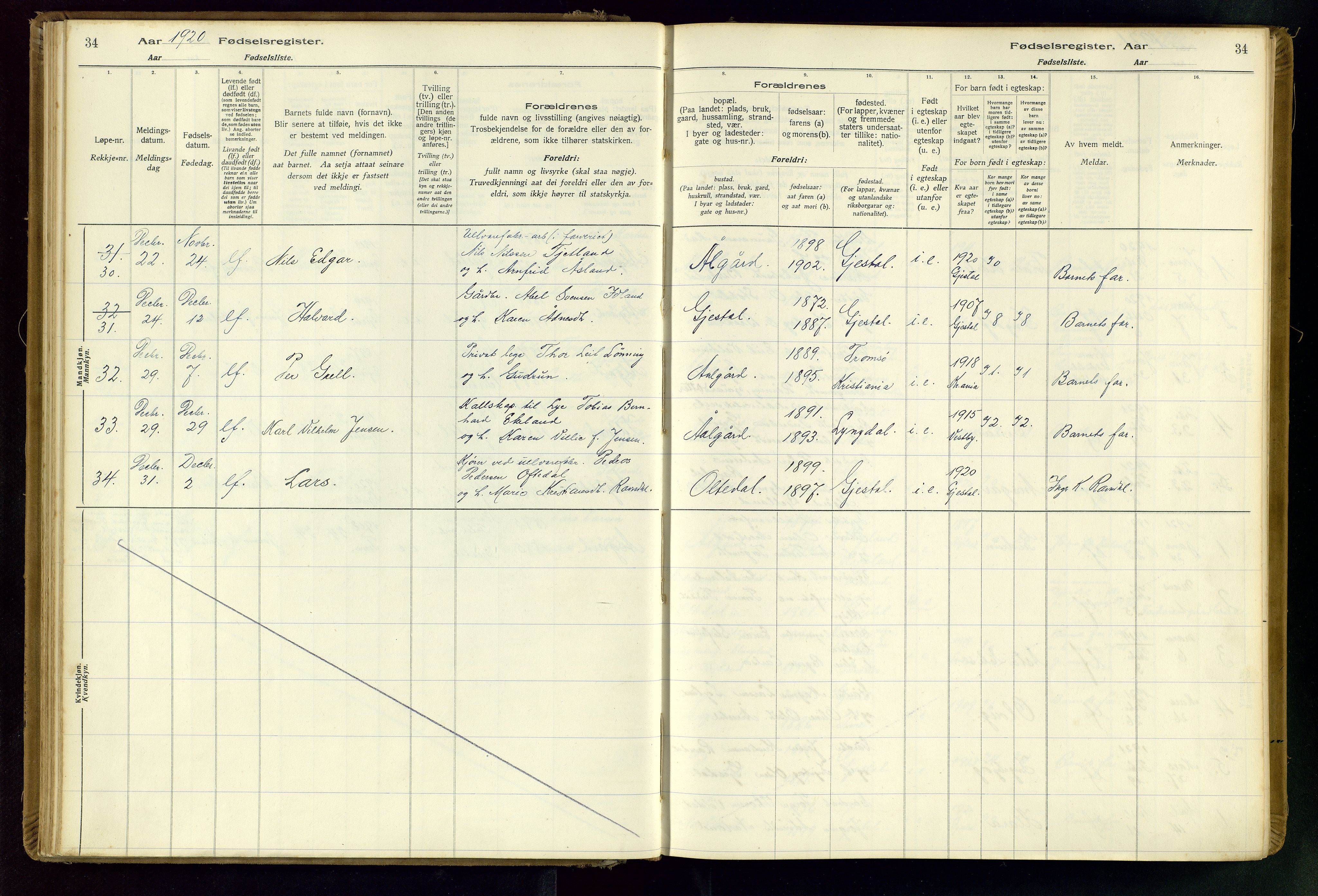 Gjesdal sokneprestkontor, AV/SAST-A-101796/002/O/L0001: Birth register no. 1, 1916-1949, p. 34