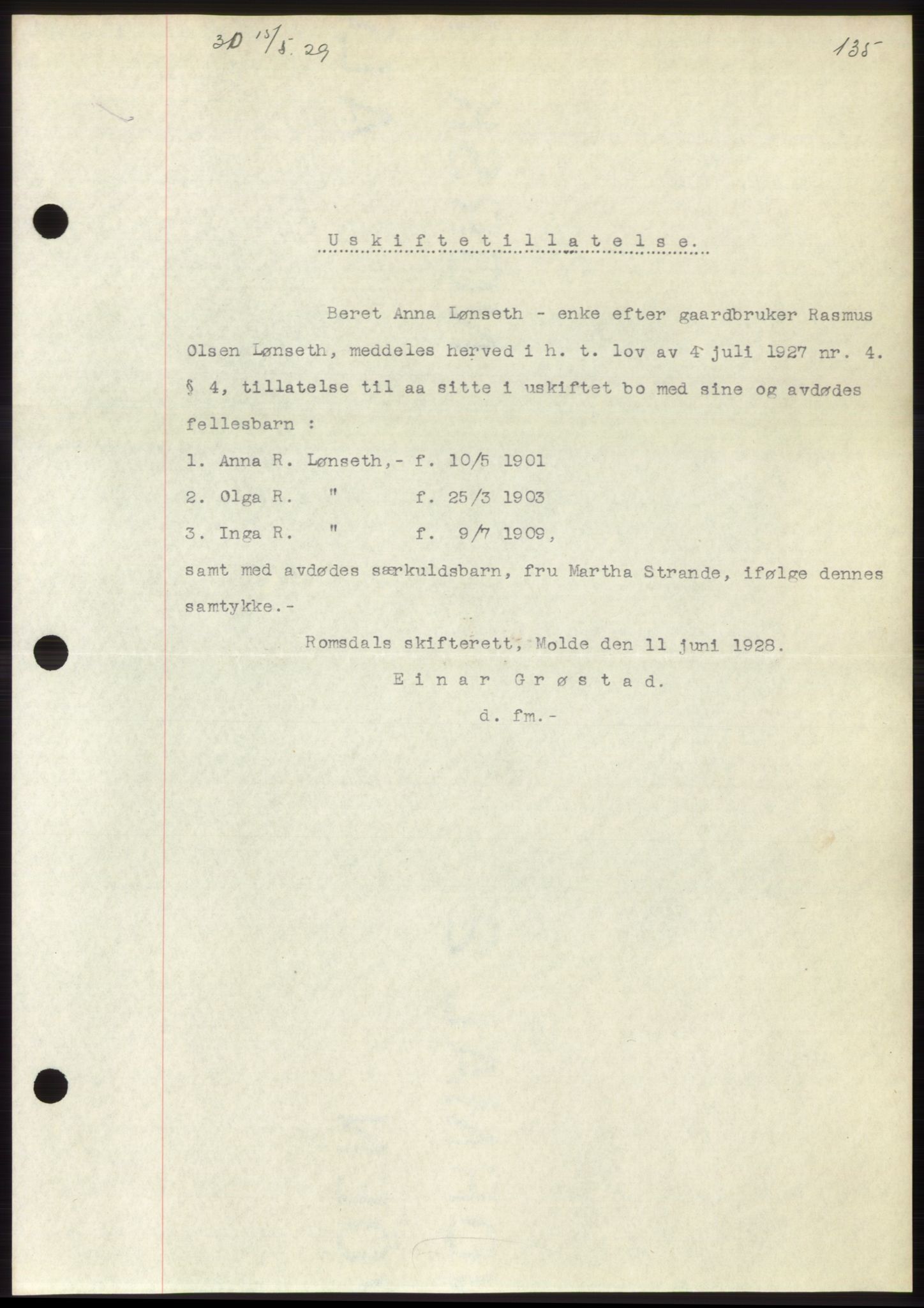 Romsdal sorenskriveri, AV/SAT-A-4149/1/2/2C/L0056: Mortgage book no. 50, 1929-1929, Deed date: 15.05.1929