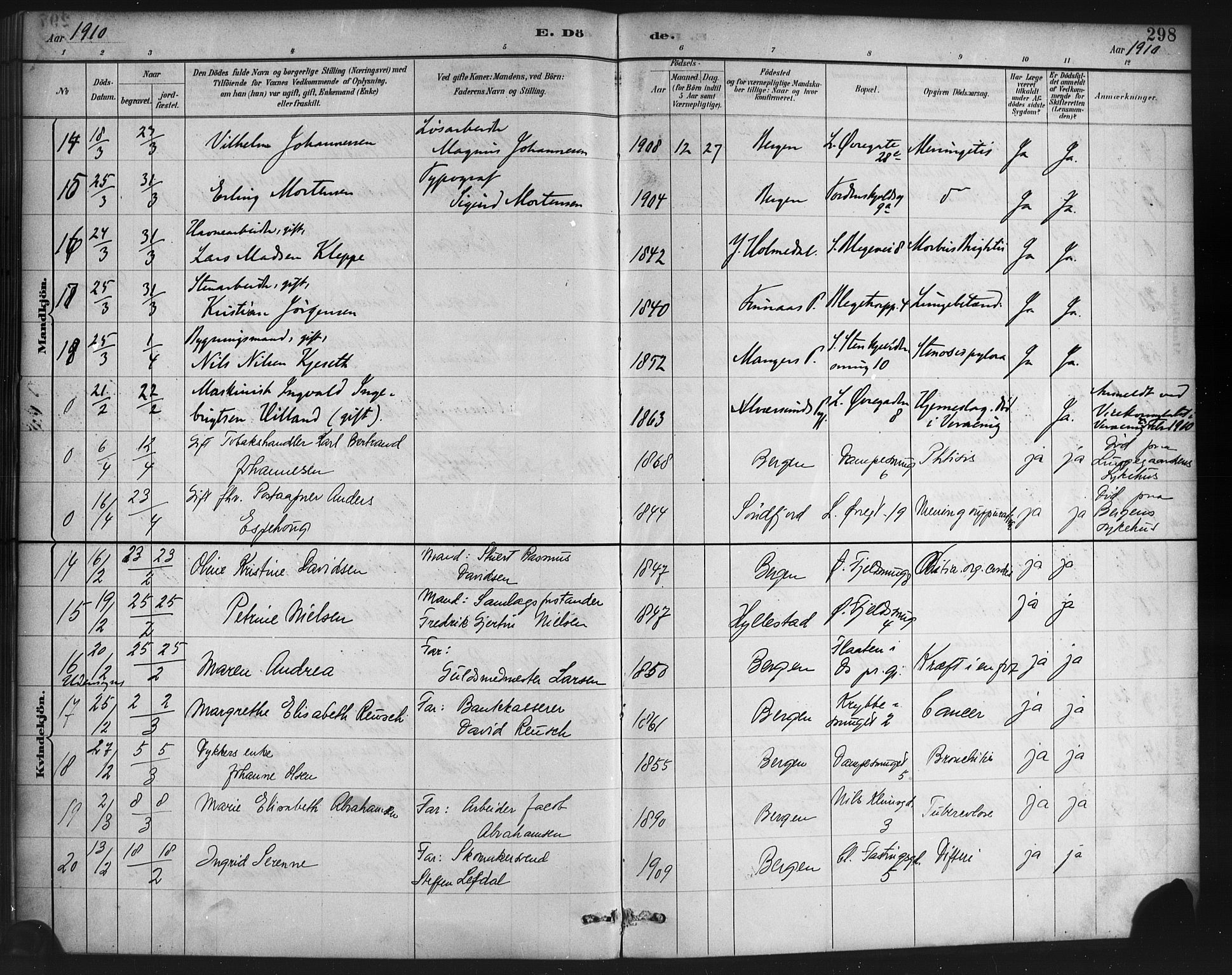 Korskirken sokneprestembete, SAB/A-76101/H/Haa/L0047: Parish register (official) no. E 5, 1884-1910, p. 298