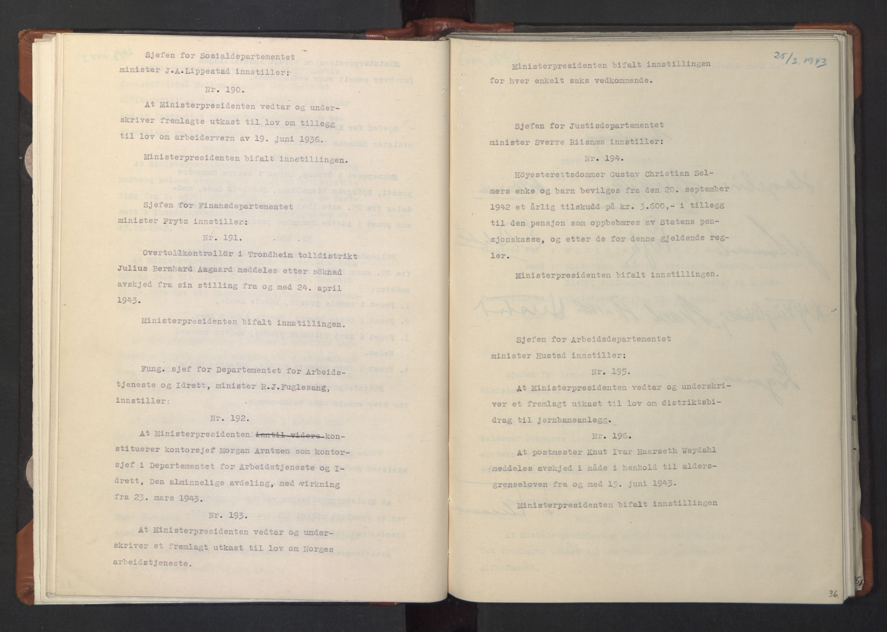 NS-administrasjonen 1940-1945 (Statsrådsekretariatet, de kommisariske statsråder mm), AV/RA-S-4279/D/Da/L0003: Vedtak (Beslutninger) nr. 1-746 og tillegg nr. 1-47 (RA. j.nr. 1394/1944, tilgangsnr. 8/1944, 1943, p. 38