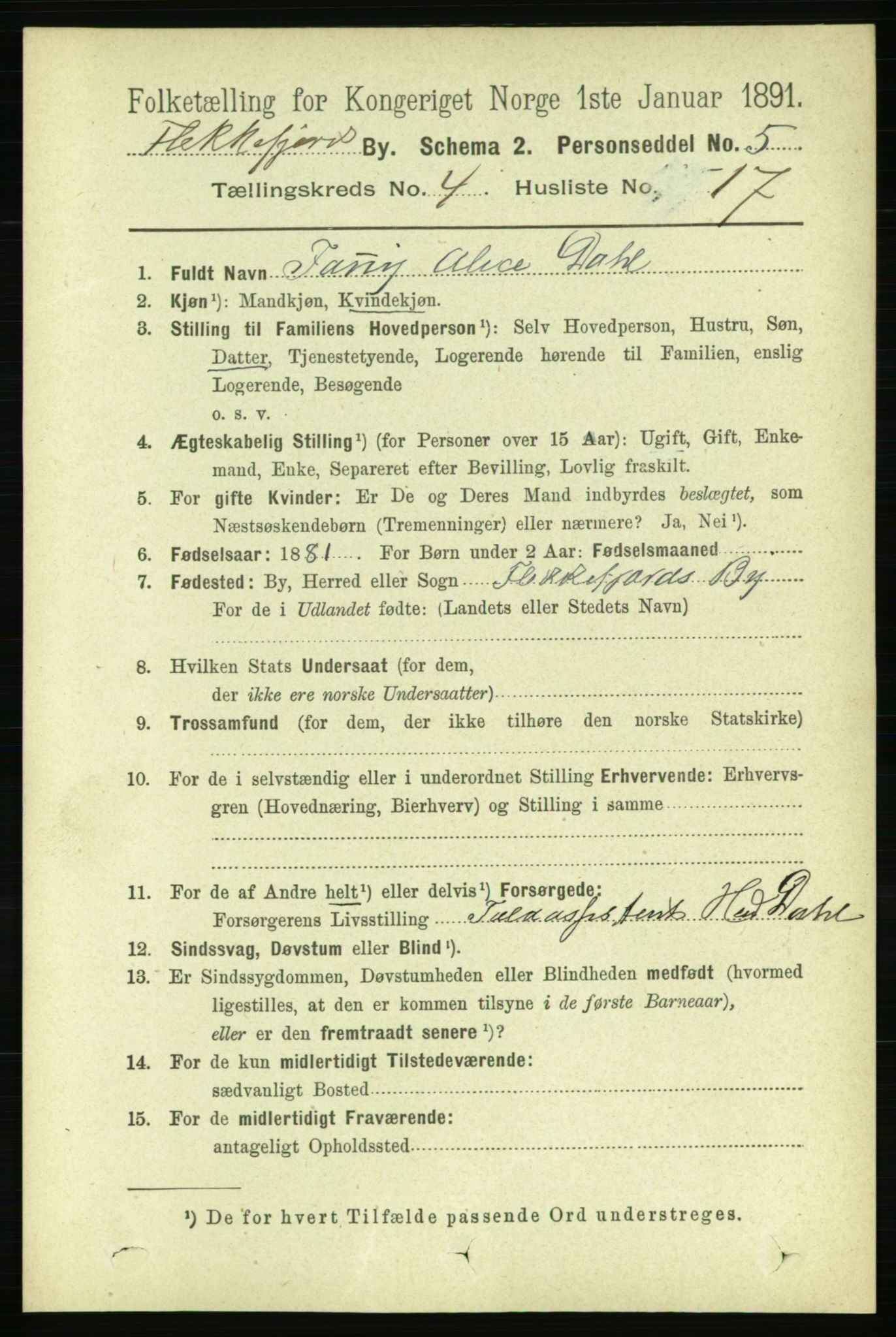 RA, 1891 census for 1004 Flekkefjord, 1891, p. 1117