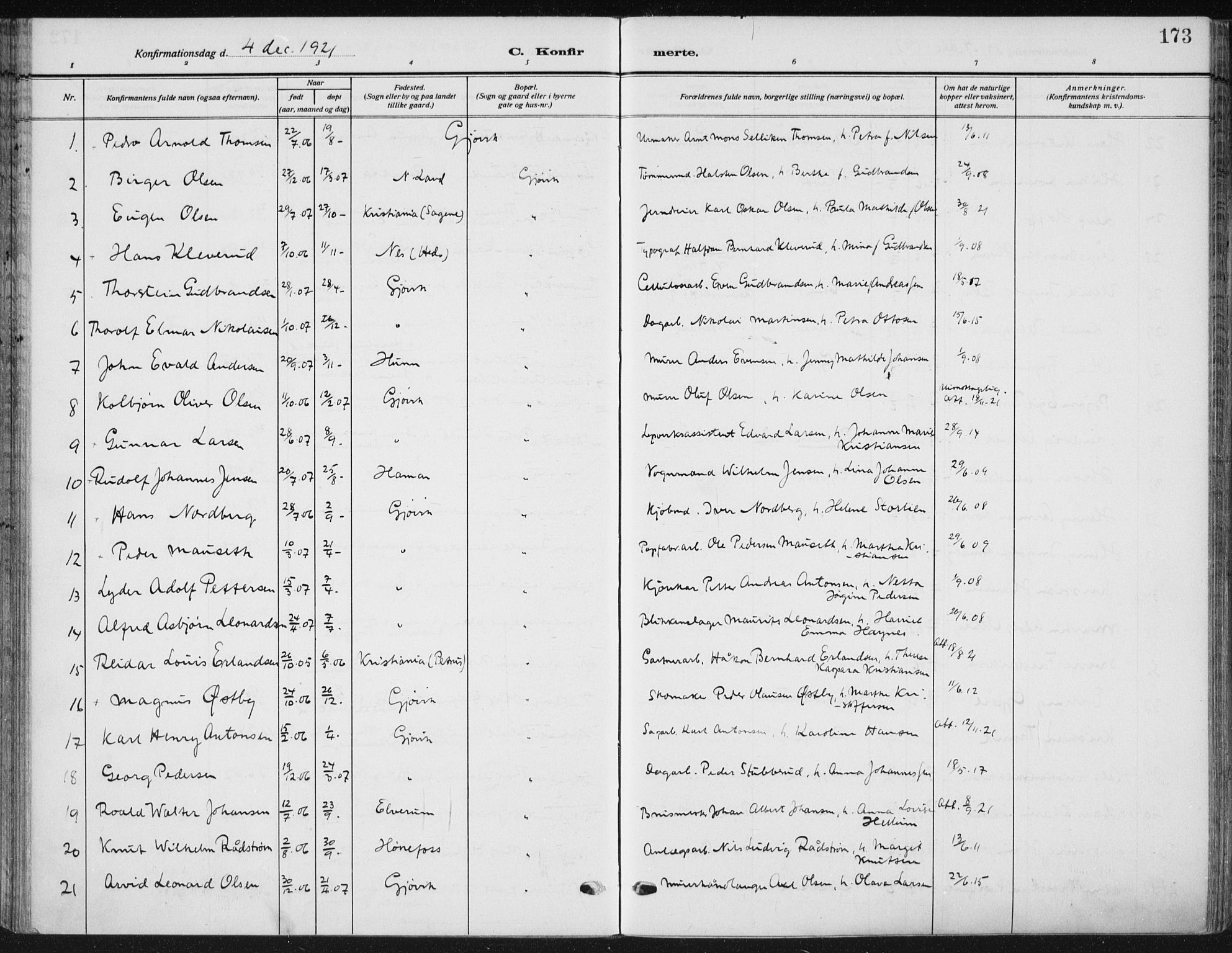 Vardal prestekontor, AV/SAH-PREST-100/H/Ha/Haa/L0014: Parish register (official) no. 14, 1912-1922, p. 173