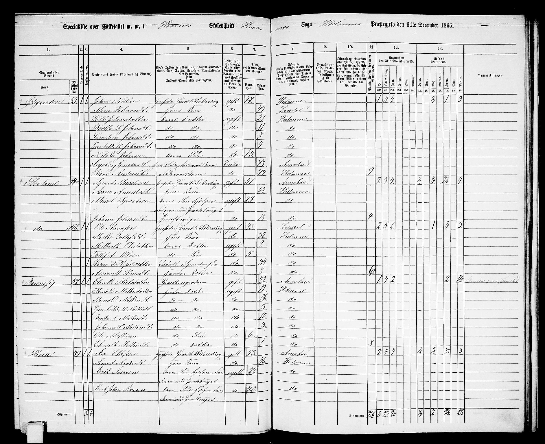 RA, 1865 census for Hedrum, 1865, p. 164