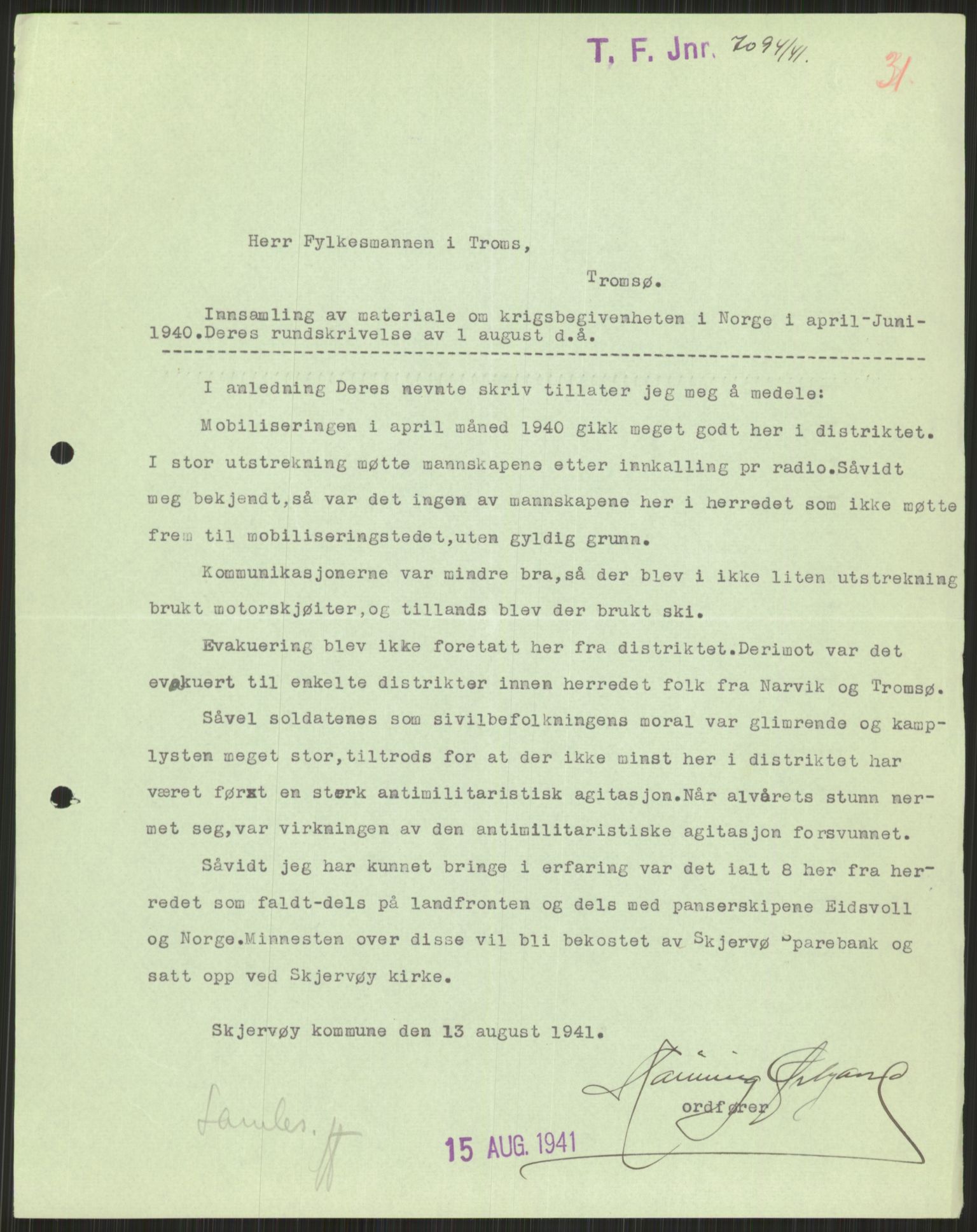 Forsvaret, Forsvarets krigshistoriske avdeling, RA/RAFA-2017/Y/Ya/L0017: II-C-11-31 - Fylkesmenn.  Rapporter om krigsbegivenhetene 1940., 1940, p. 642