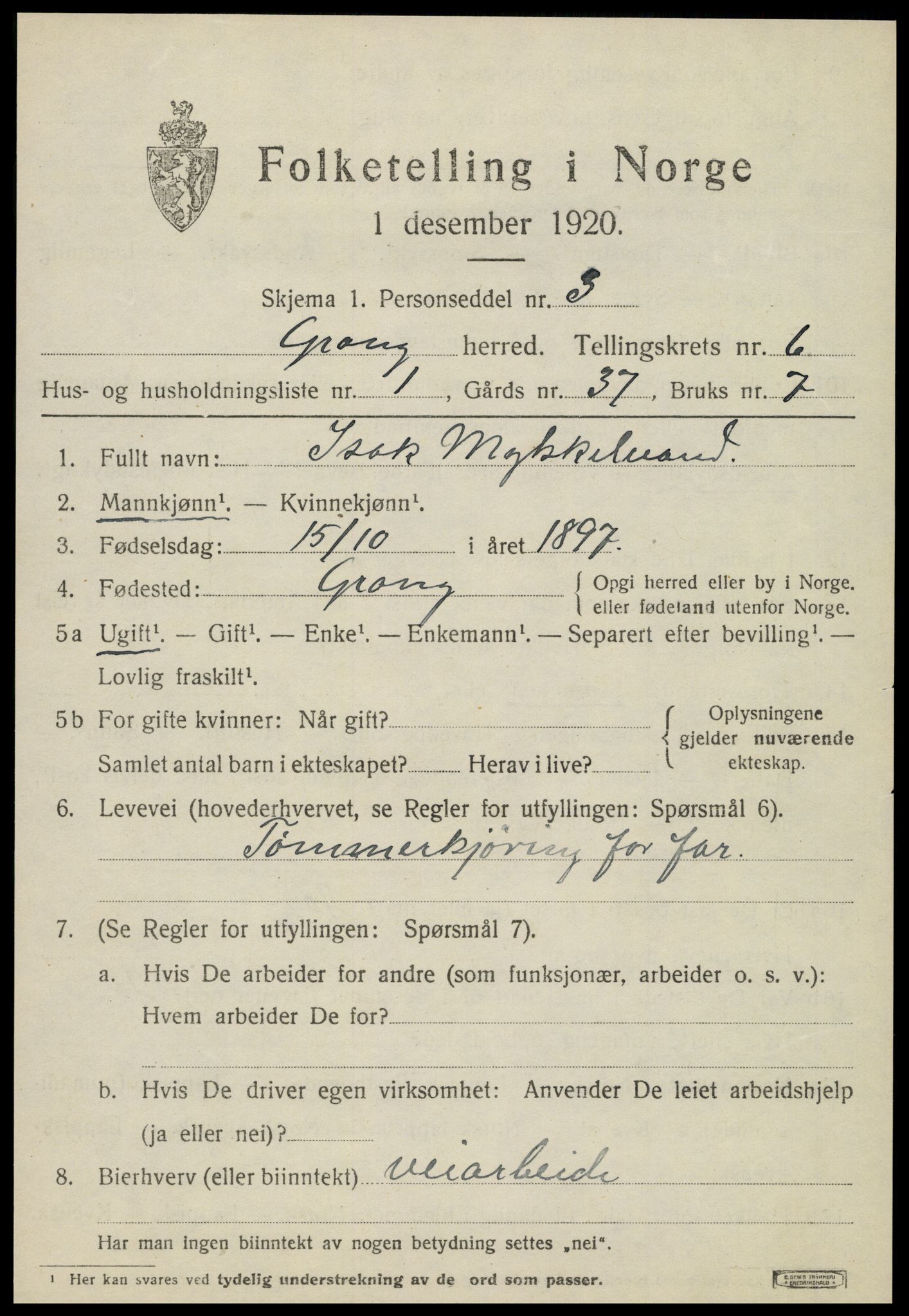 SAT, 1920 census for Grong, 1920, p. 3553