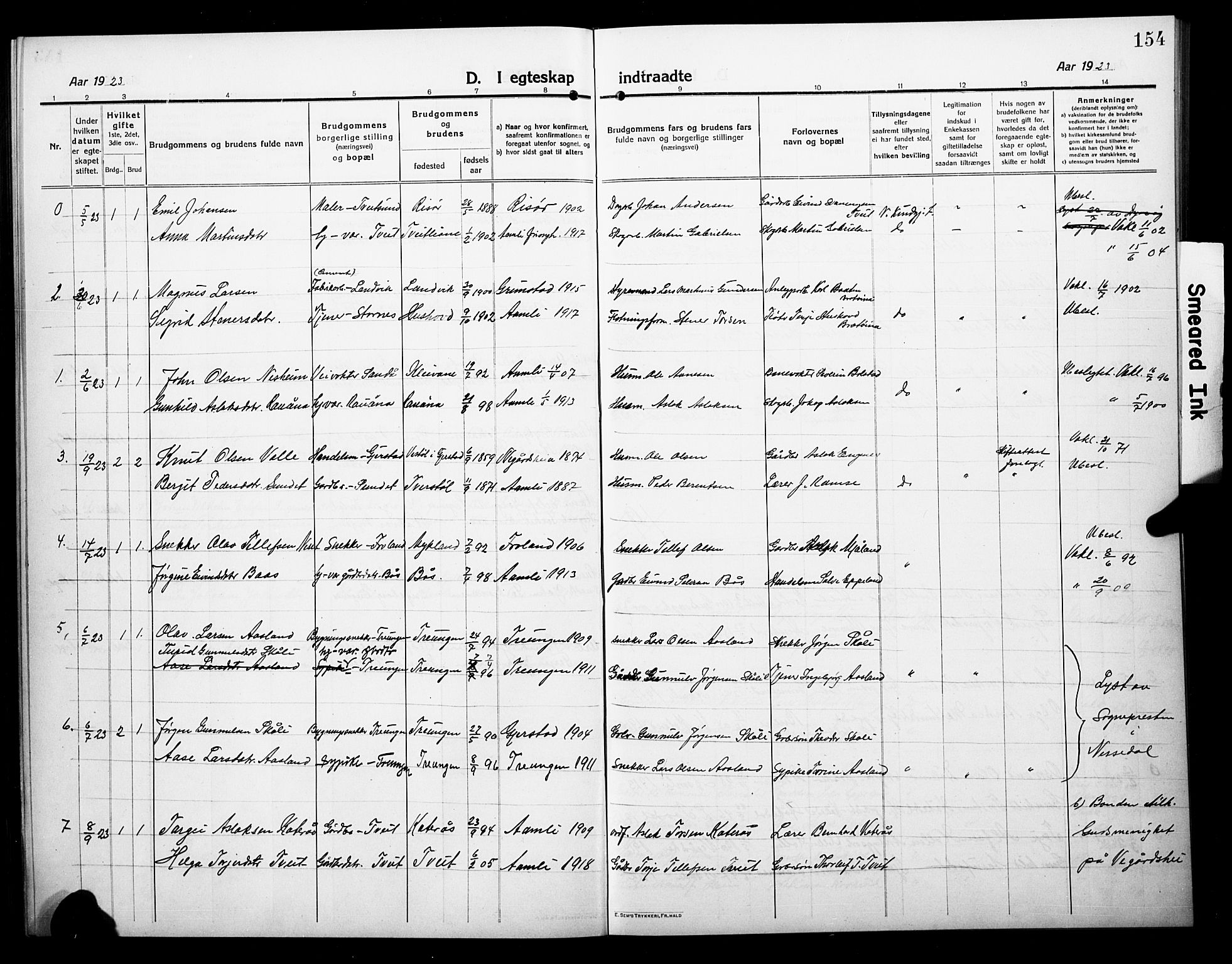 Åmli sokneprestkontor, AV/SAK-1111-0050/F/Fb/Fbc/L0006: Parish register (copy) no. B 6, 1915-1929, p. 154