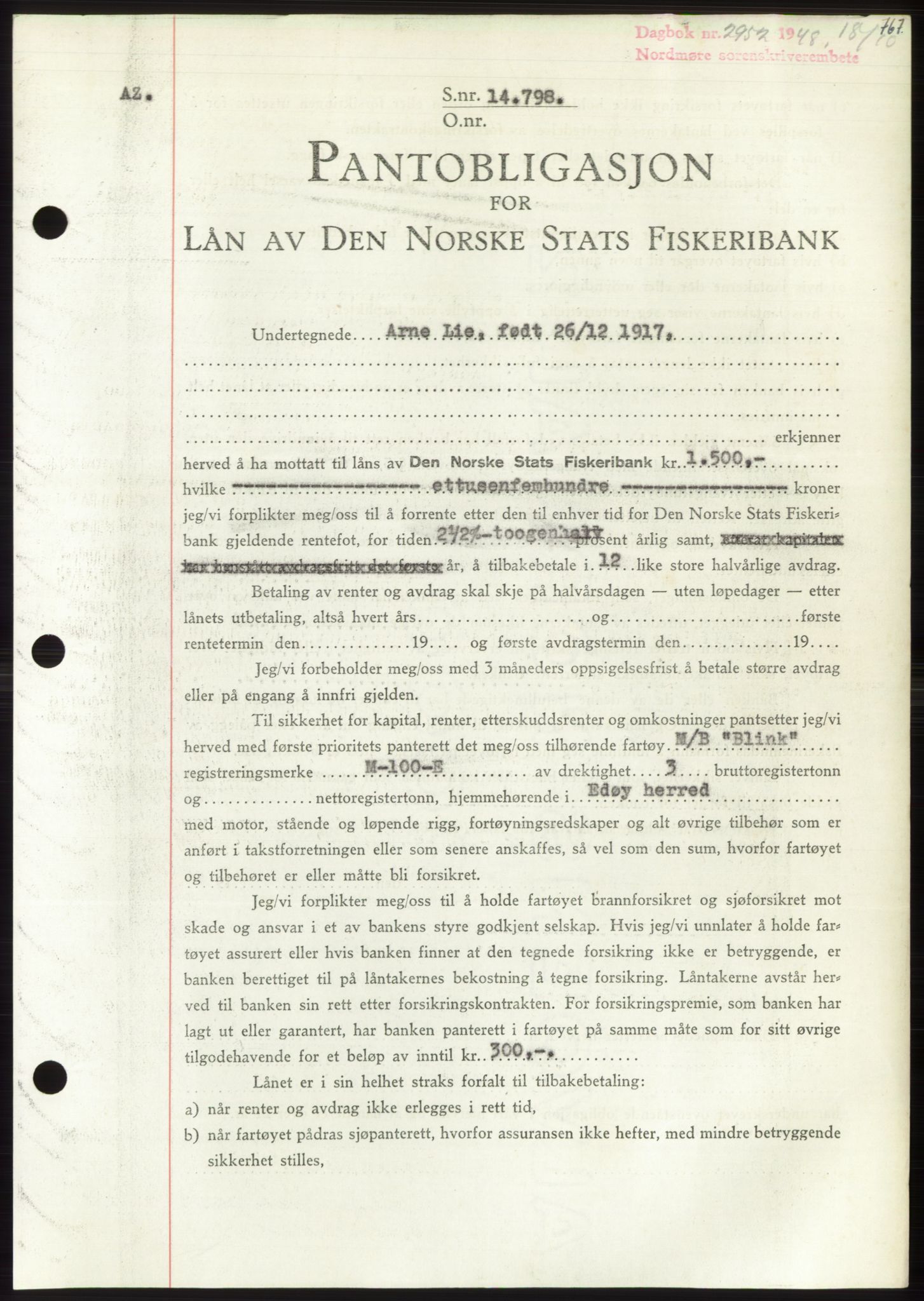 Nordmøre sorenskriveri, AV/SAT-A-4132/1/2/2Ca: Mortgage book no. B99, 1948-1948, Diary no: : 2952/1948