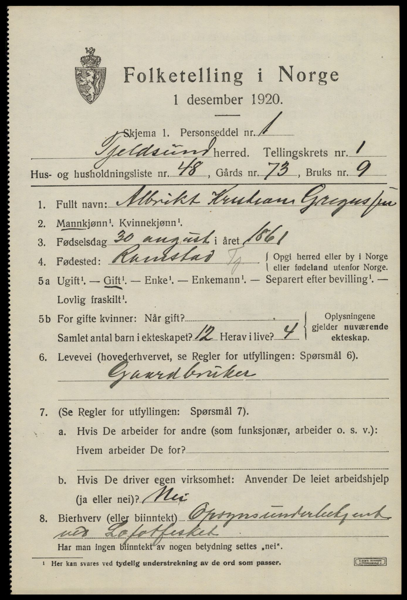 SAT, 1920 census for Tjeldsund, 1920, p. 1136