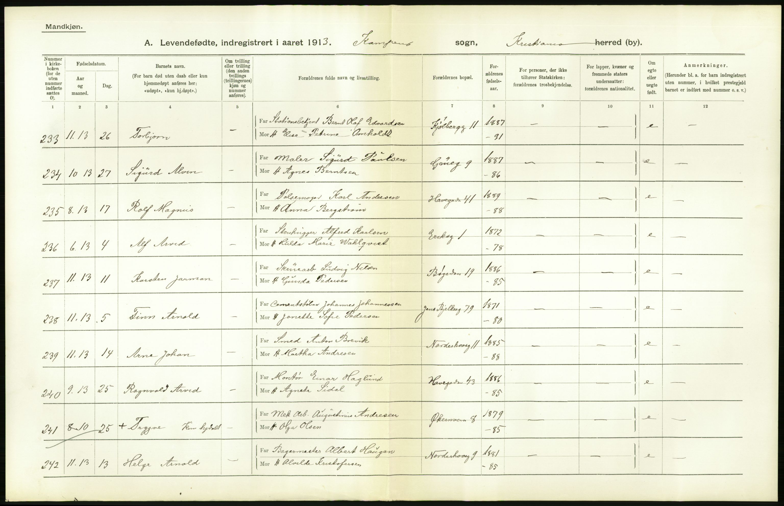 Statistisk sentralbyrå, Sosiodemografiske emner, Befolkning, AV/RA-S-2228/D/Df/Dfb/Dfbc/L0007: Kristiania: Levendefødte menn og kvinner., 1913, p. 408