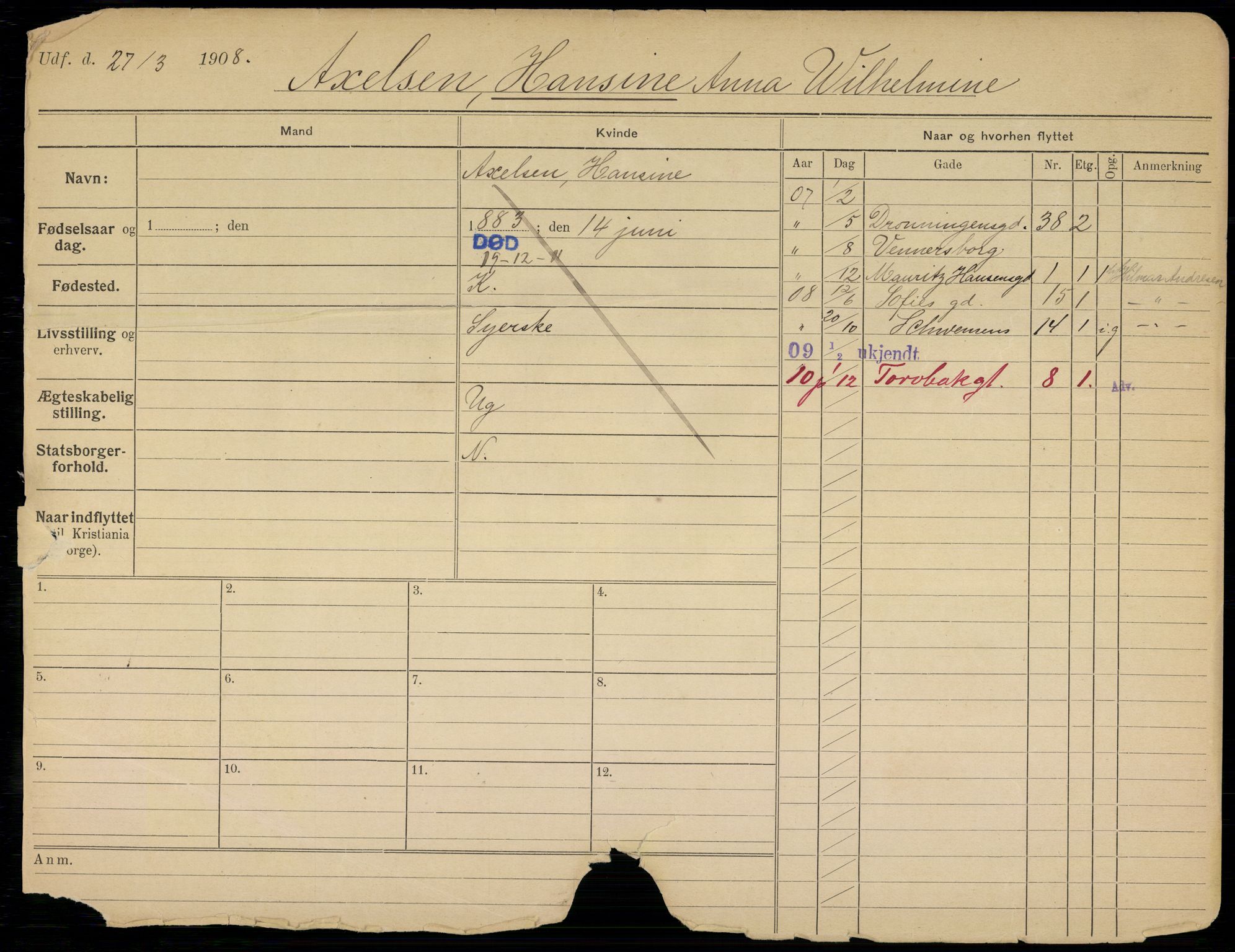 Oslo folkeregister, Registerkort, AV/SAO-A-11715/G/Gb/L0012: Kvinner, 1911