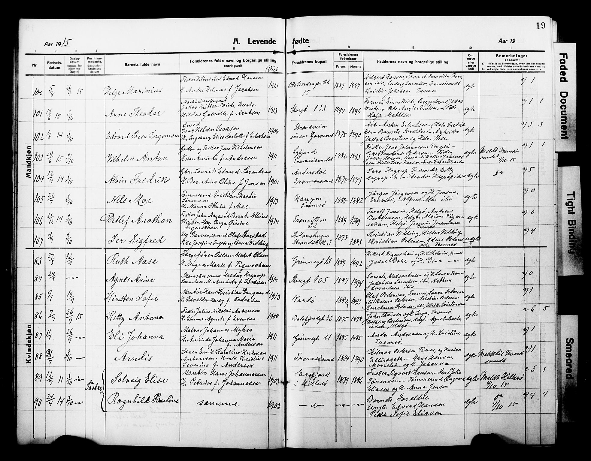 Tromsø sokneprestkontor/stiftsprosti/domprosti, AV/SATØ-S-1343/G/Gb/L0009klokker: Parish register (copy) no. 9, 1915-1925, p. 19