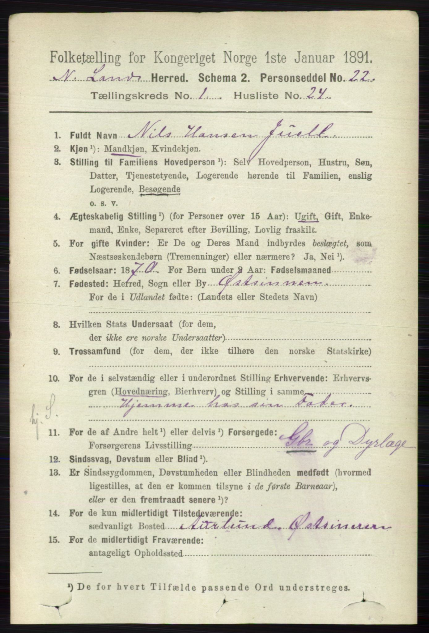 RA, 1891 census for 0538 Nordre Land, 1891, p. 269