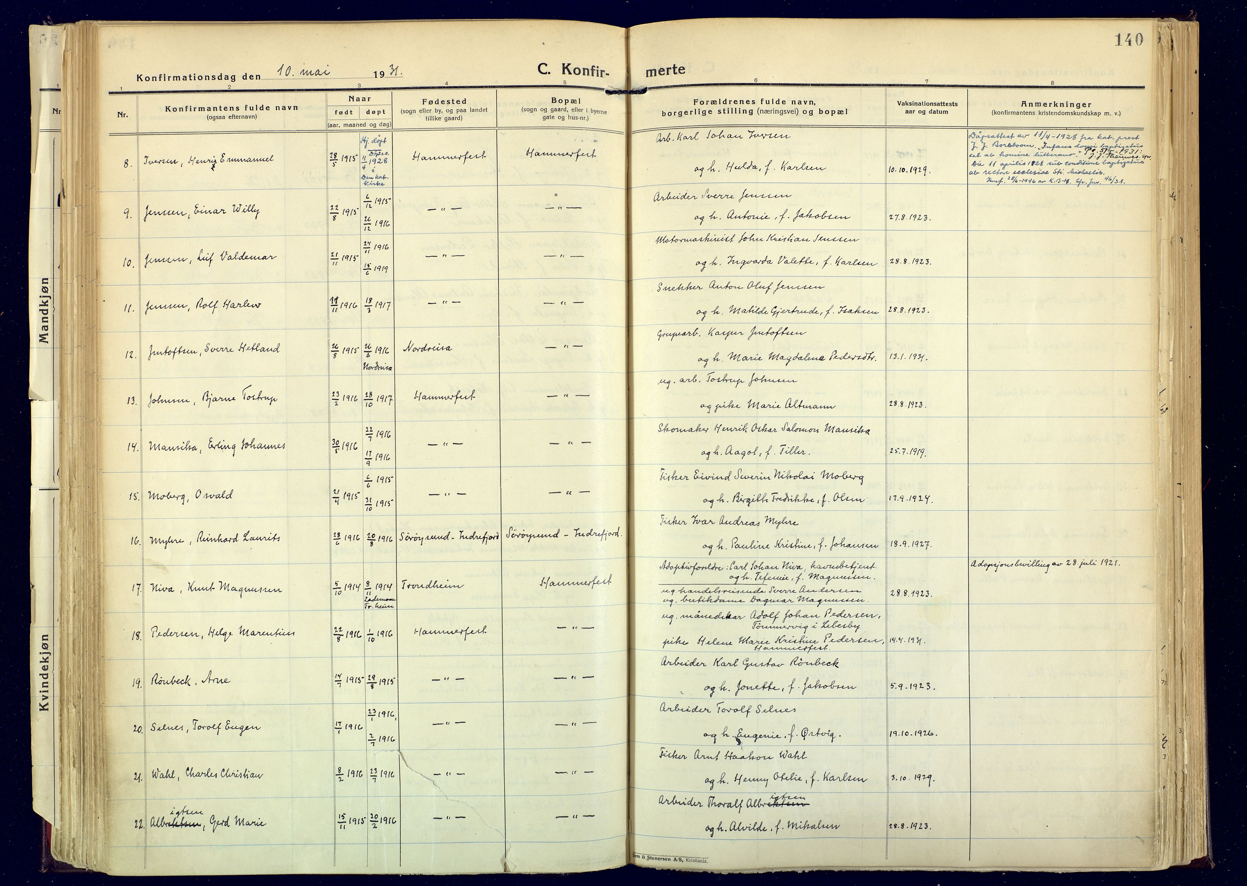 Hammerfest sokneprestkontor, AV/SATØ-S-1347/H/Ha/L0017.kirke: Parish register (official) no. 17, 1923-1933, p. 140