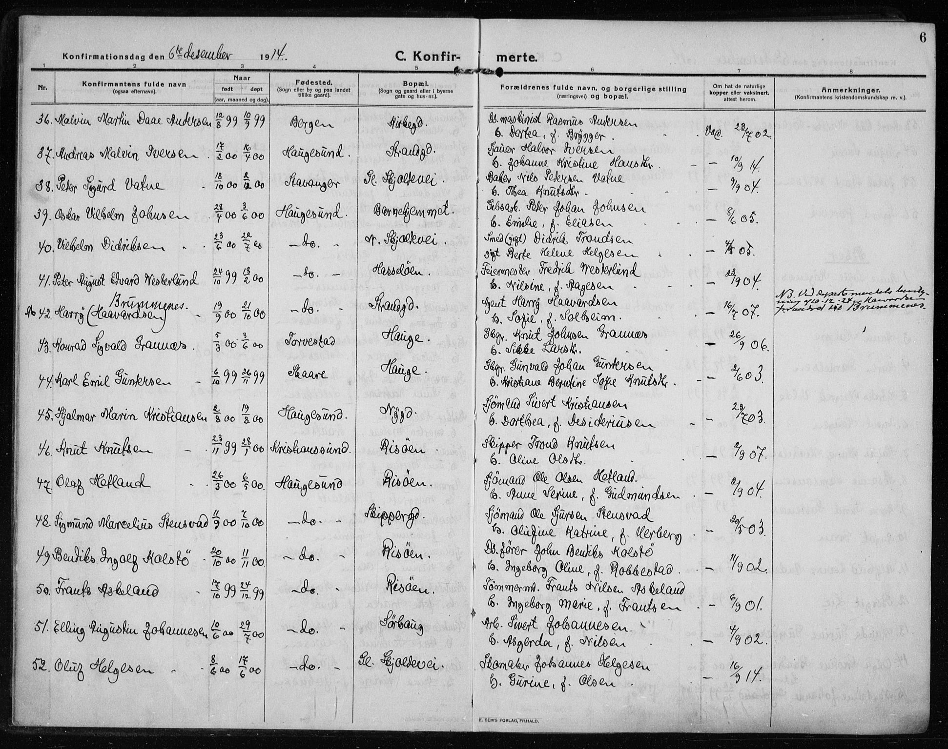 Haugesund sokneprestkontor, AV/SAST-A -101863/H/Ha/Haa/L0009: Parish register (official) no. A 9, 1914-1929, p. 6