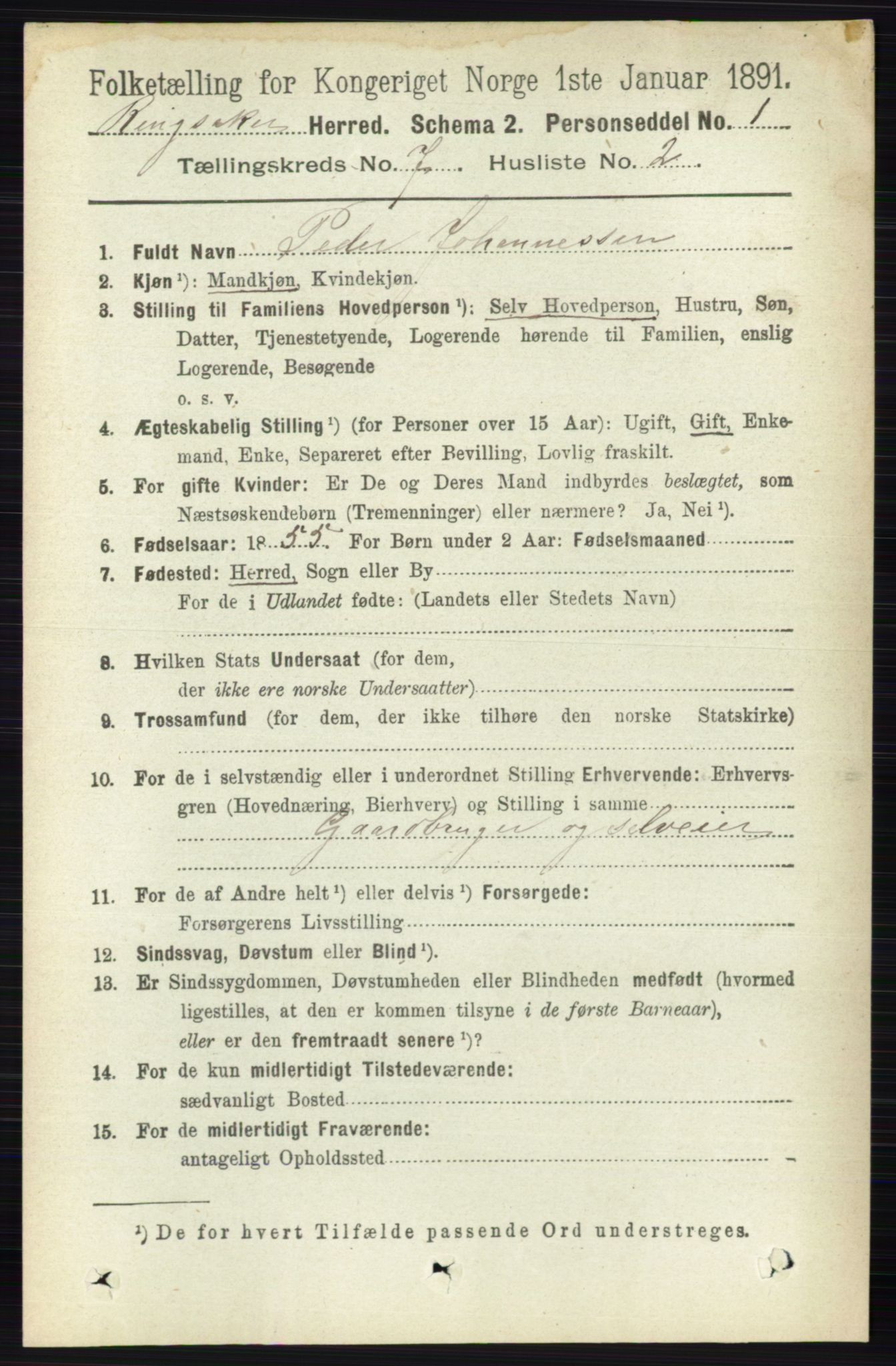 RA, 1891 census for 0412 Ringsaker, 1891, p. 3882