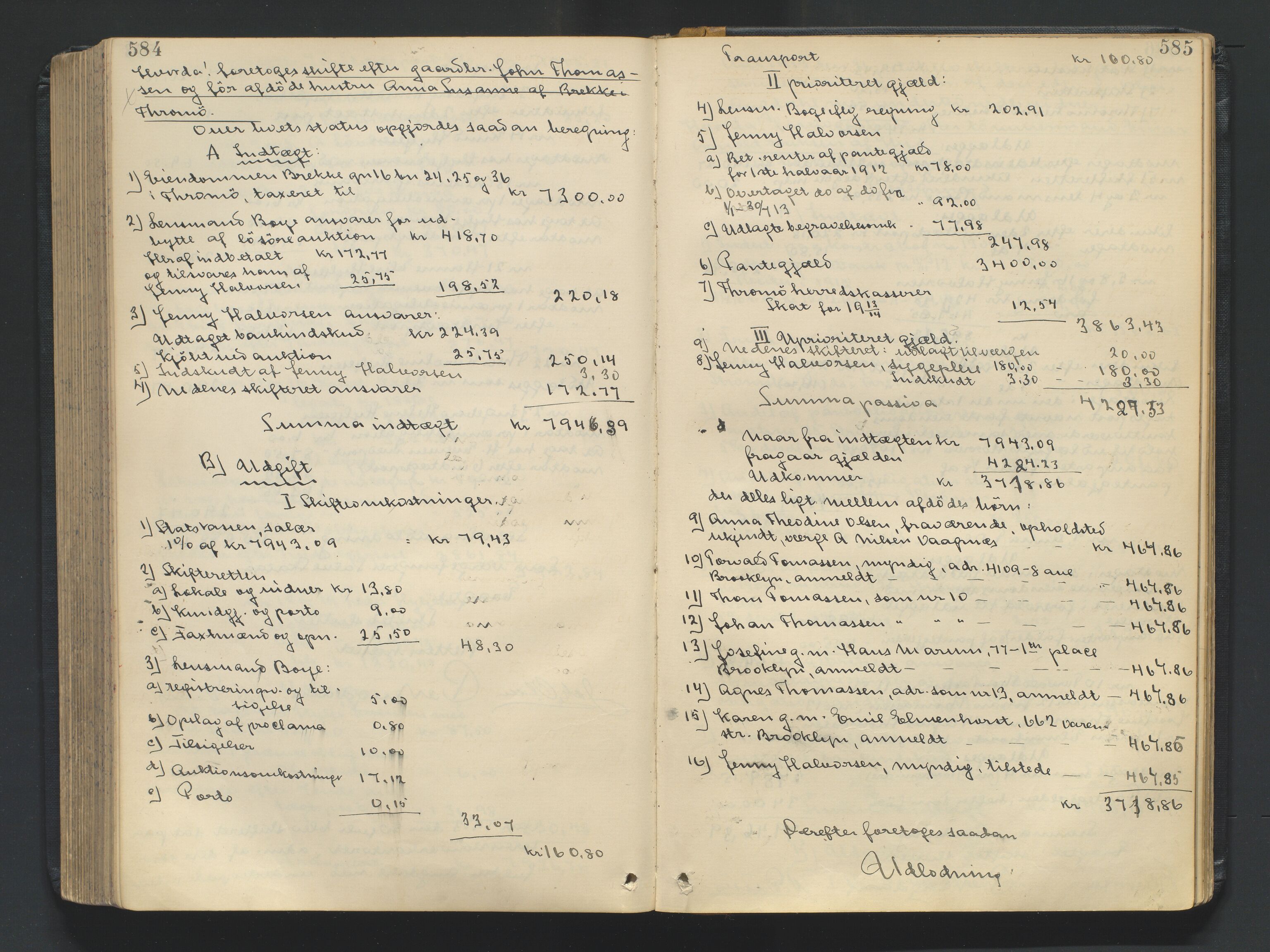 Nedenes sorenskriveri, AV/SAK-1221-0006/H/Hc/L0020: Skifteutlodningsprotokoll nr 6 med register, 1904-1913, p. 584-585