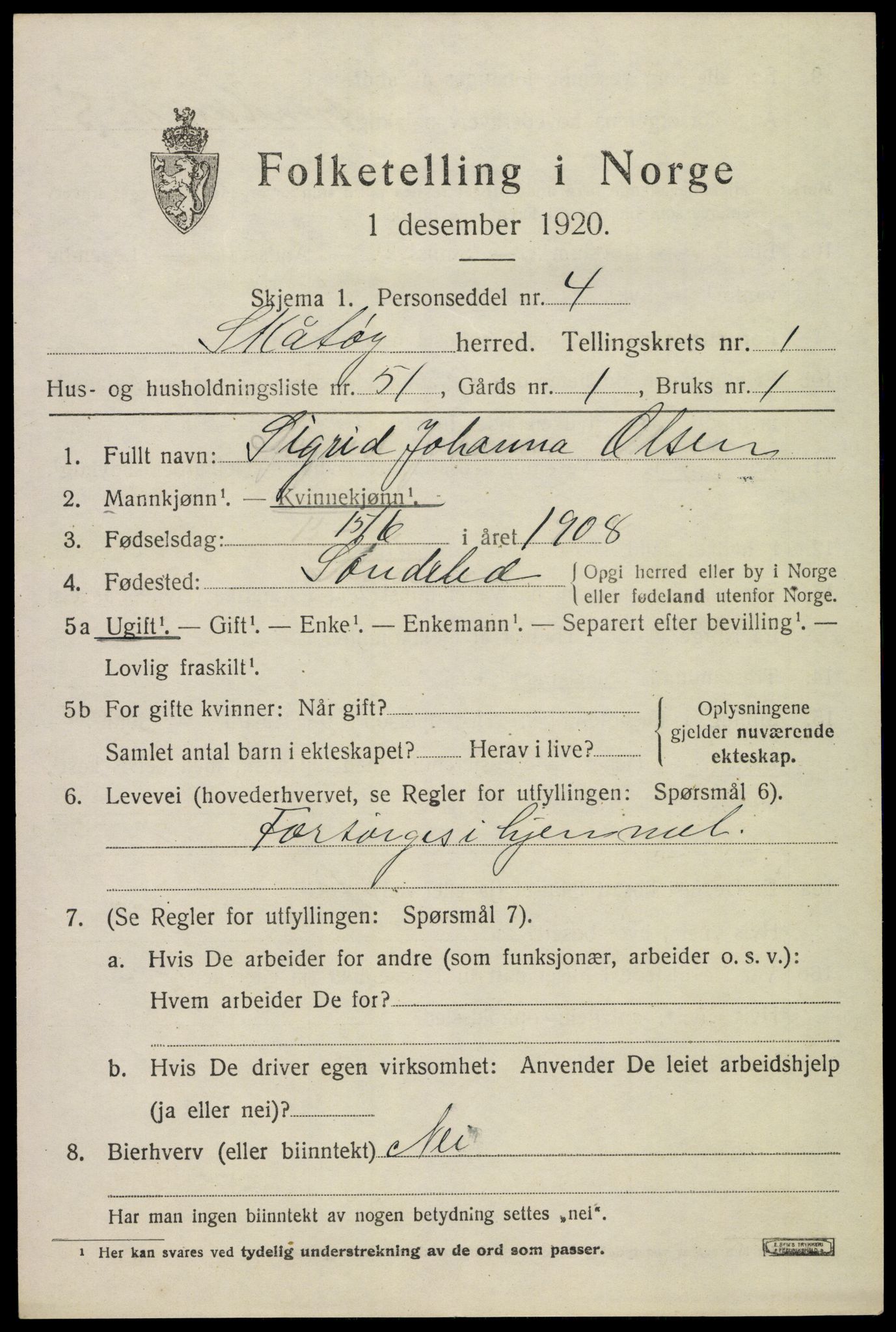 SAKO, 1920 census for Skåtøy, 1920, p. 2222