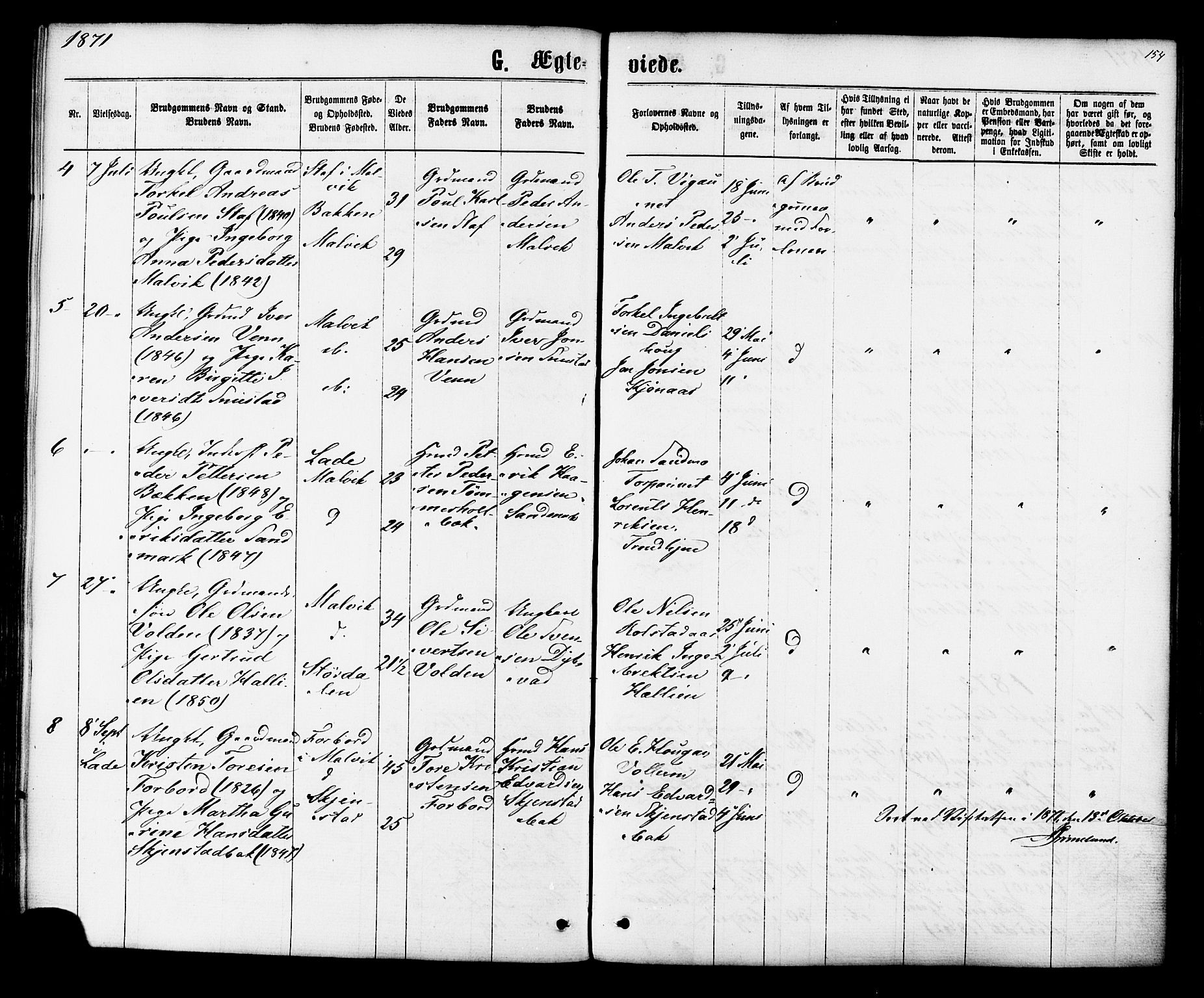 Ministerialprotokoller, klokkerbøker og fødselsregistre - Sør-Trøndelag, SAT/A-1456/616/L0409: Parish register (official) no. 616A06, 1865-1877, p. 154