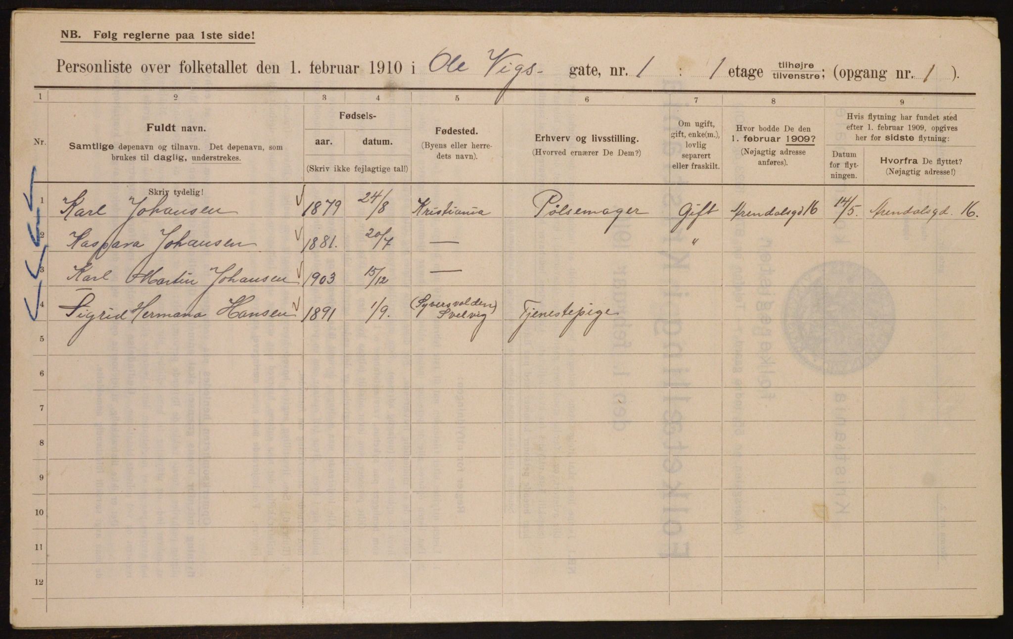 OBA, Municipal Census 1910 for Kristiania, 1910, p. 72692