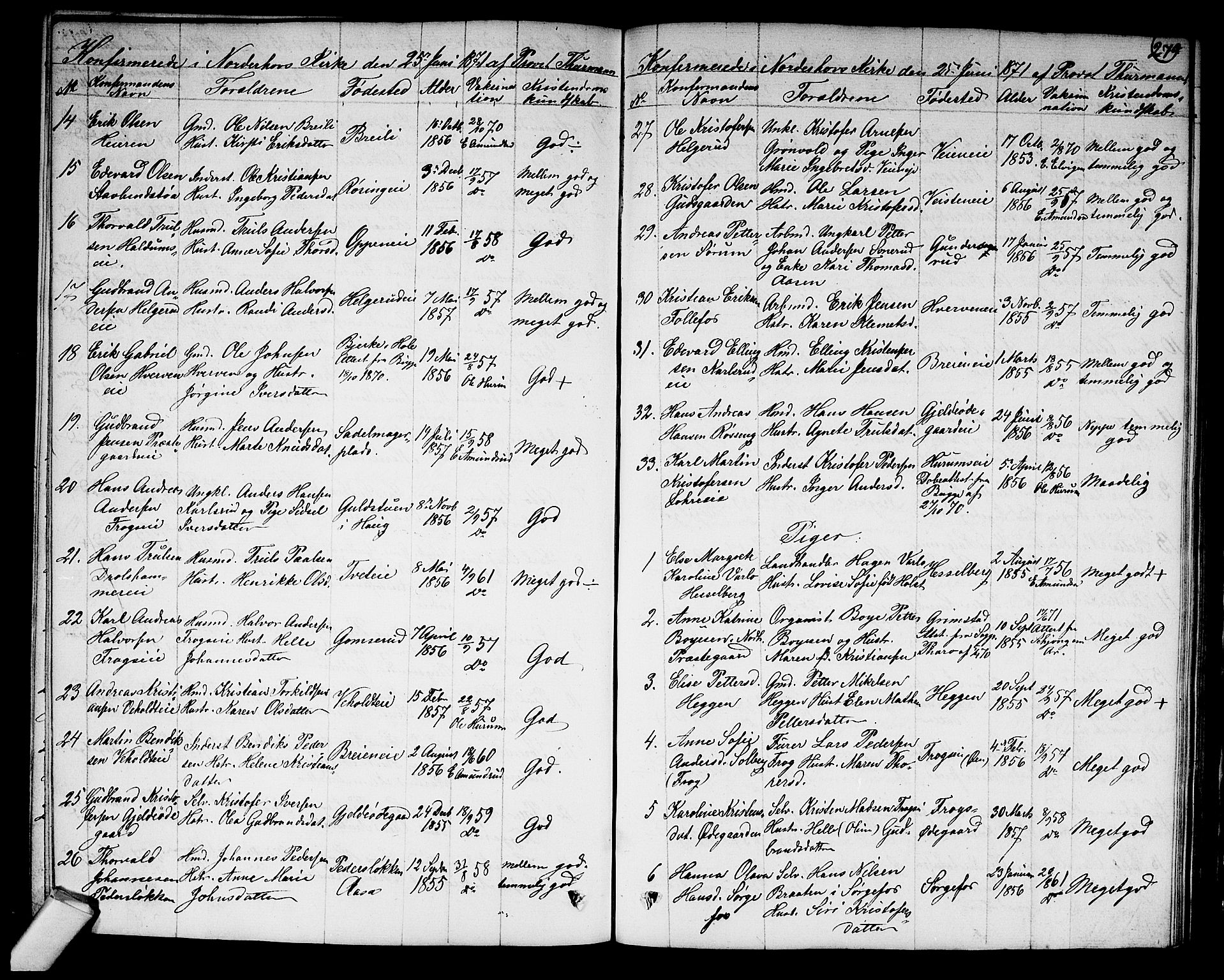 Norderhov kirkebøker, AV/SAKO-A-237/G/Ga/L0006: Parish register (copy) no. I 6, 1849-1876, p. 279